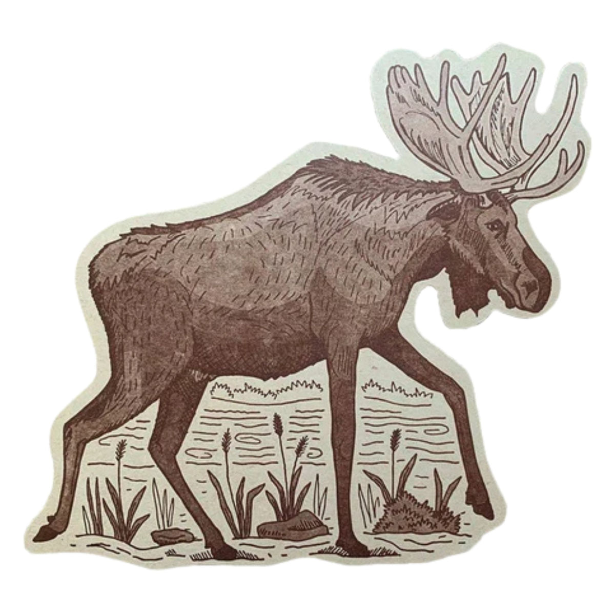 l featuring a brown illustrated moose with large antlers standing near water and reeds, shown on a plain white background.