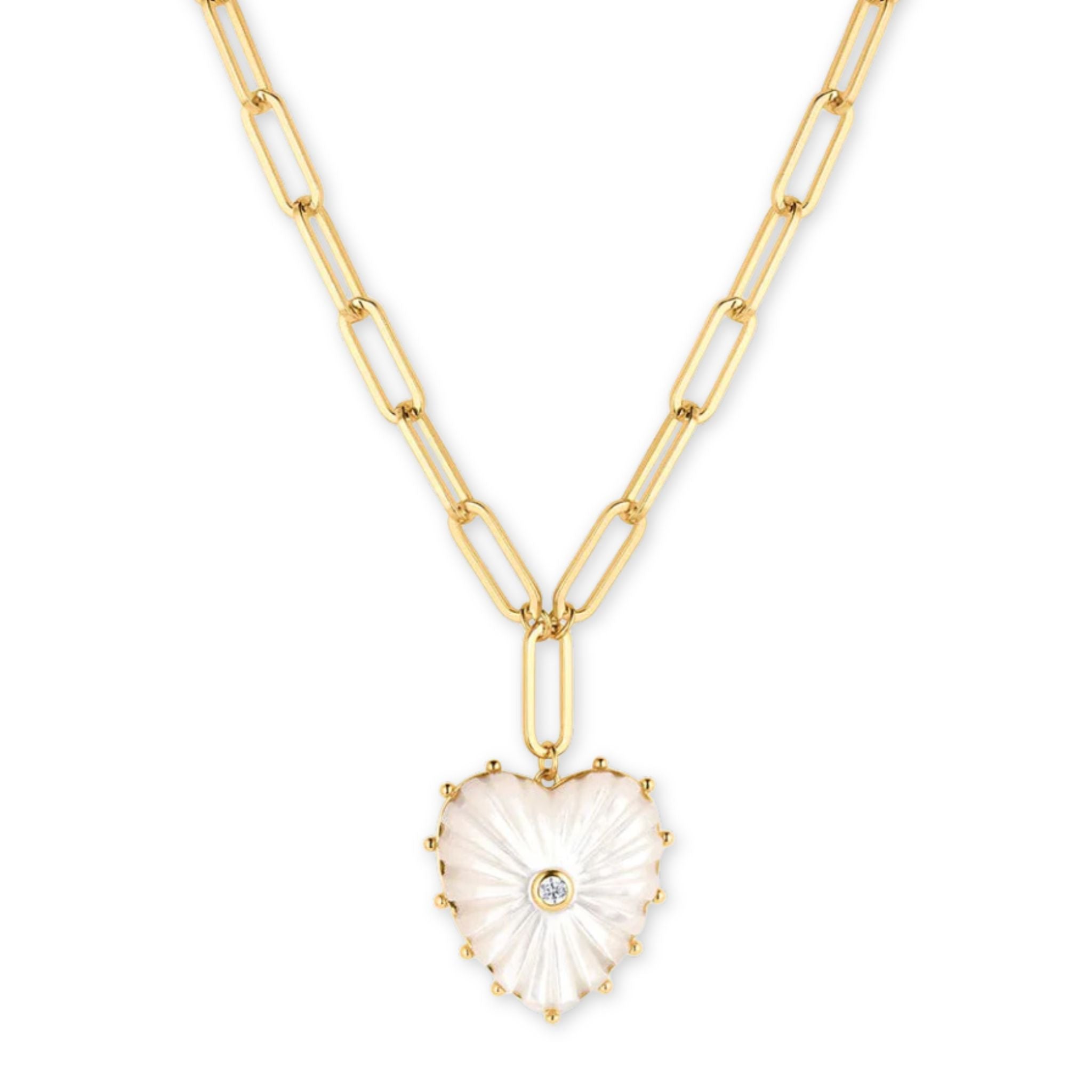 Gold necklace with a heart-shaped pendant on a white background
