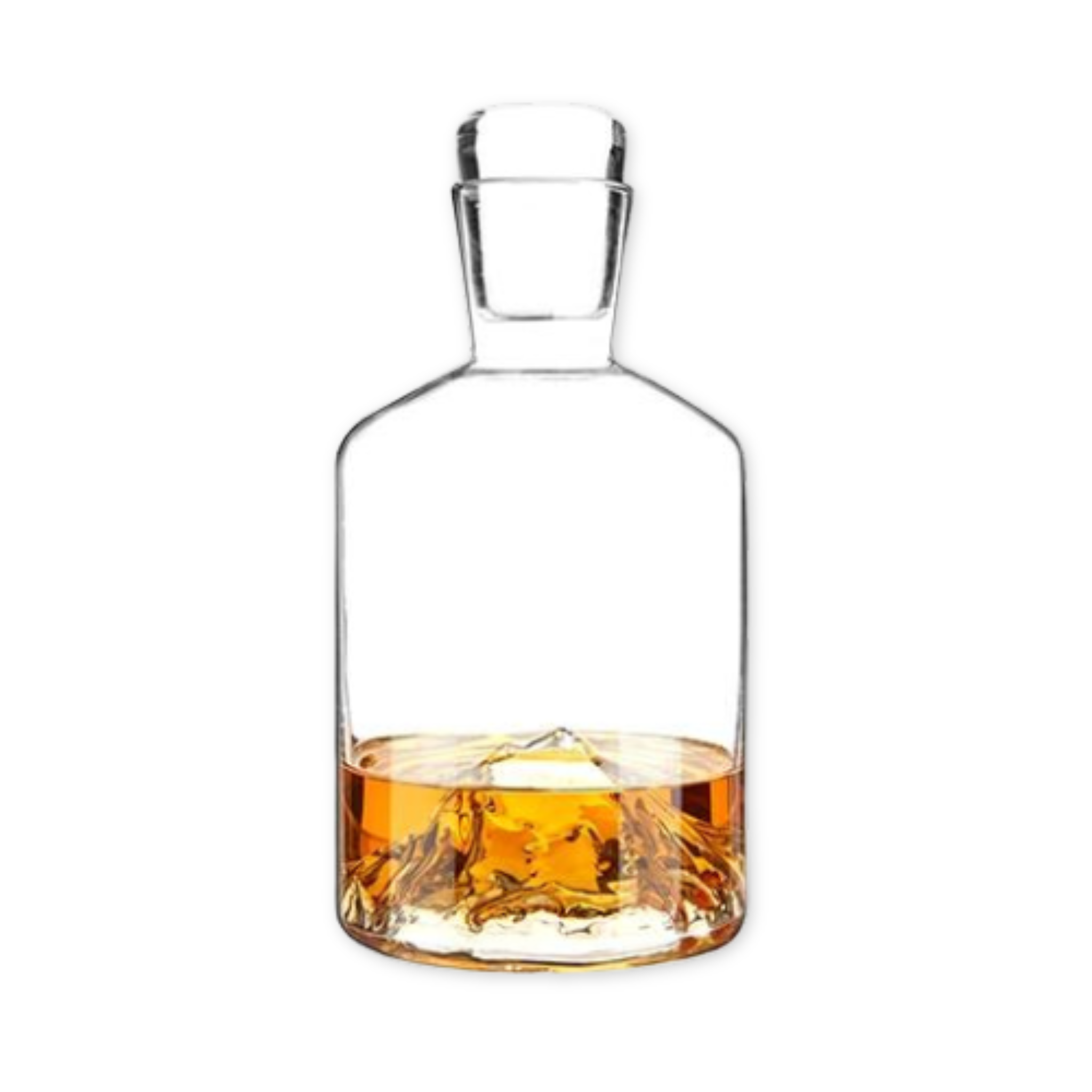 glass decanter with a mountain range sculpture on the bottom