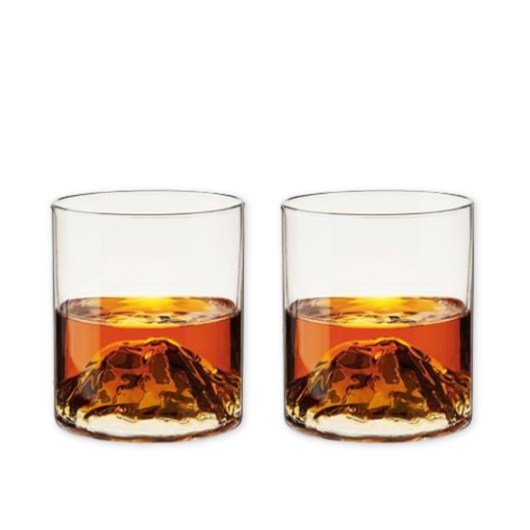 set of glass tumblers with a mountain range sculpture in the bottom