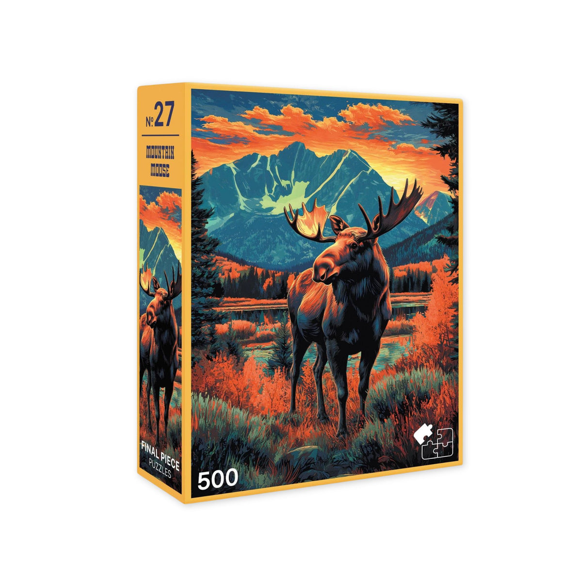 Mountain Moose 500-piece jigsaw puzzle from Final Piece Puzzles, showing a moose among fall colors and mountains