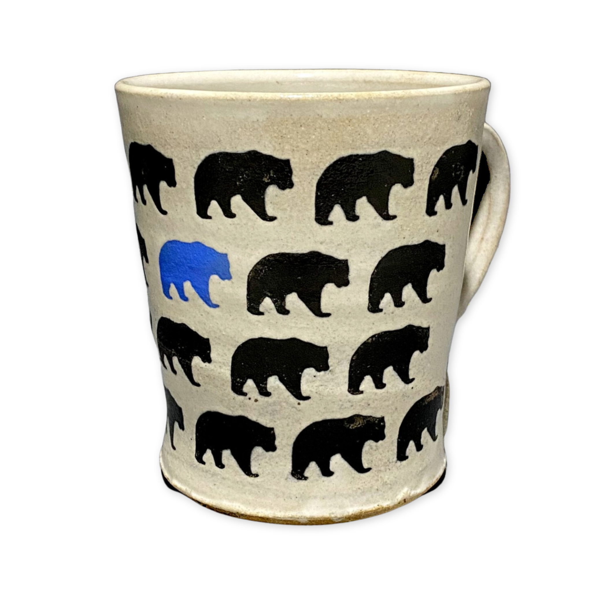 mug with multiple black bears and one blue bear