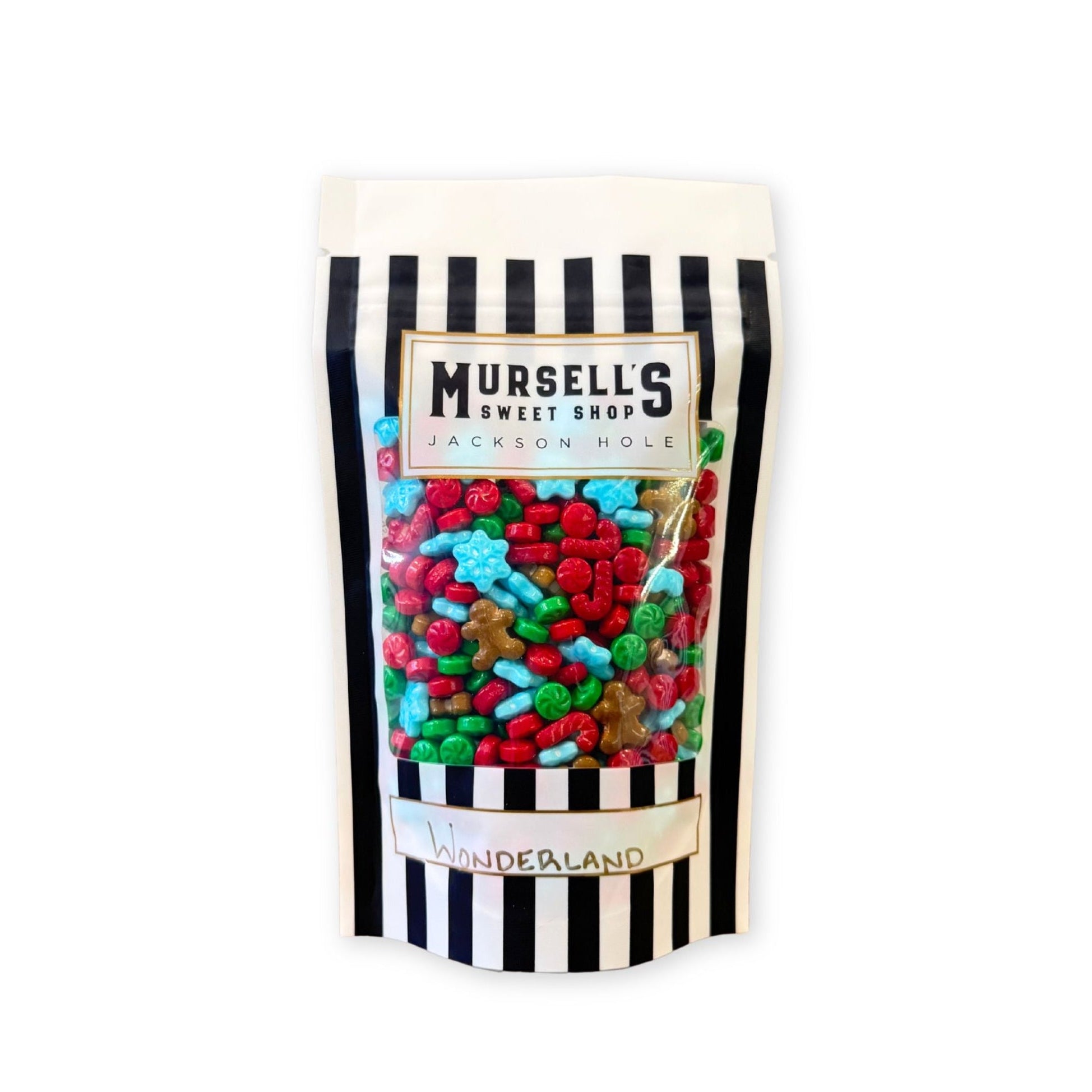 Bag of colorful candies with Mursell's Sweet Shop branding on a white background