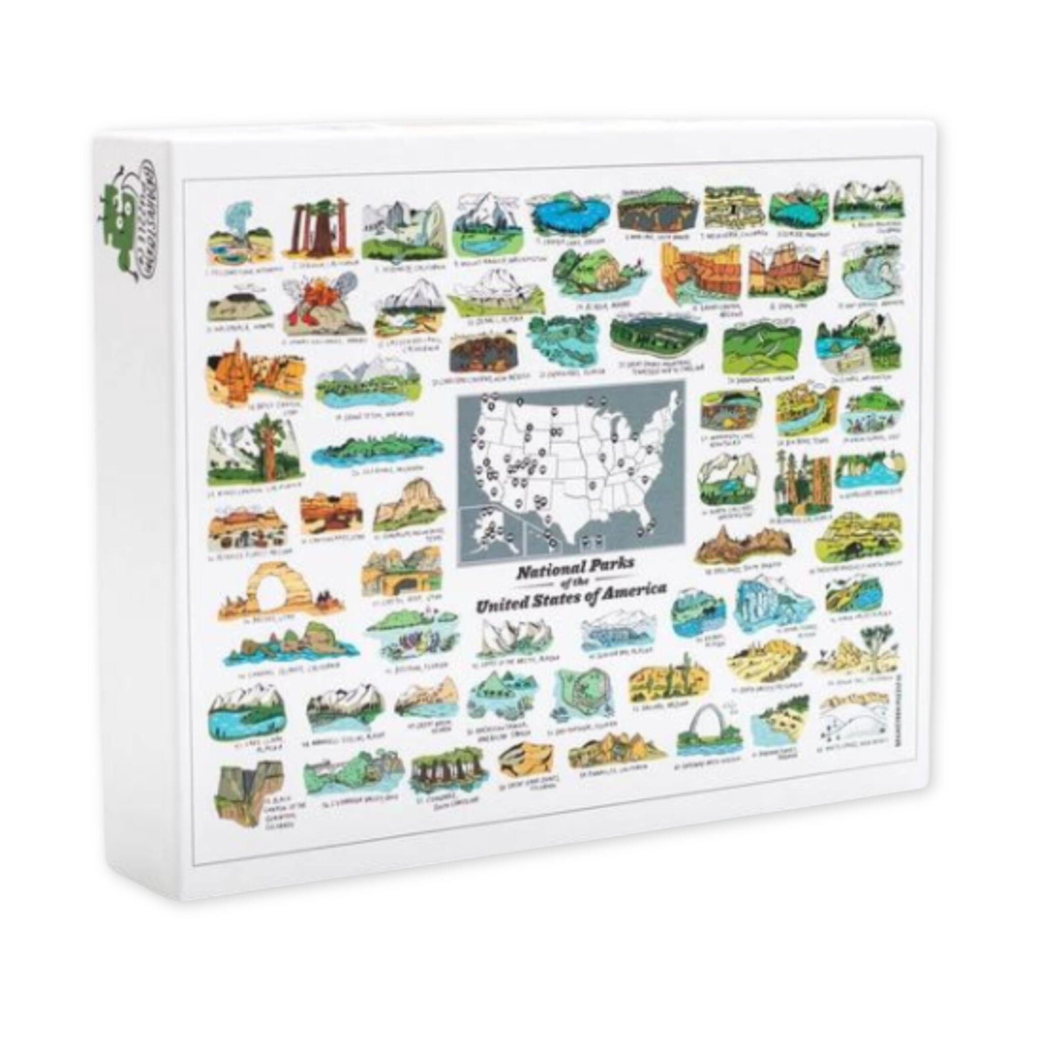 five hundred piece puzzle with small illustrated scenes of national parks across the country