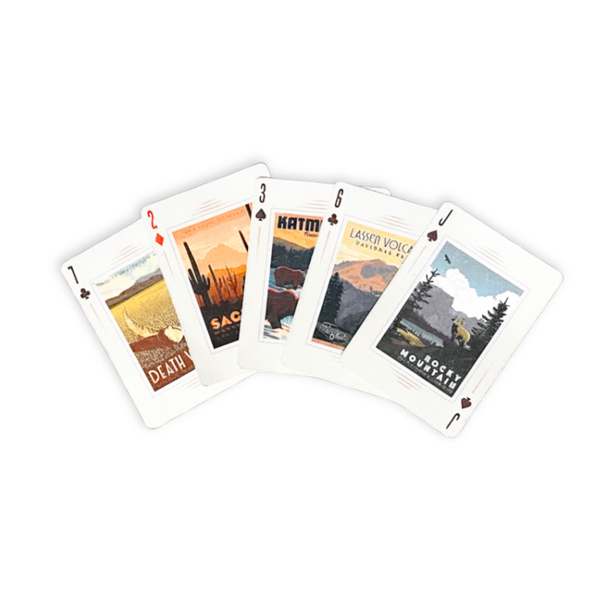 Set of playing cards with different national parks illustrated on them. 