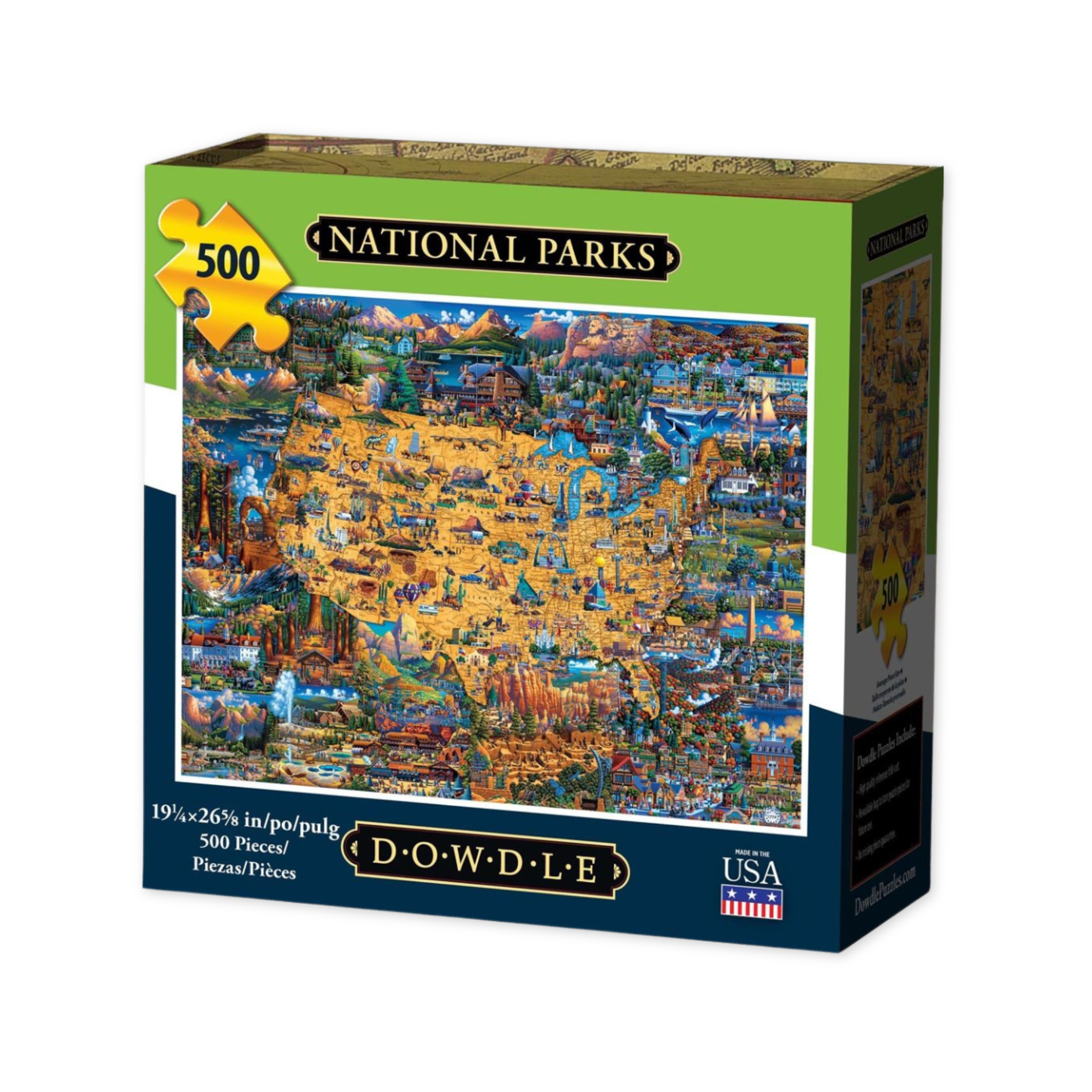 five hundred piece puzzle featuring a map of the united states and images of national parks 