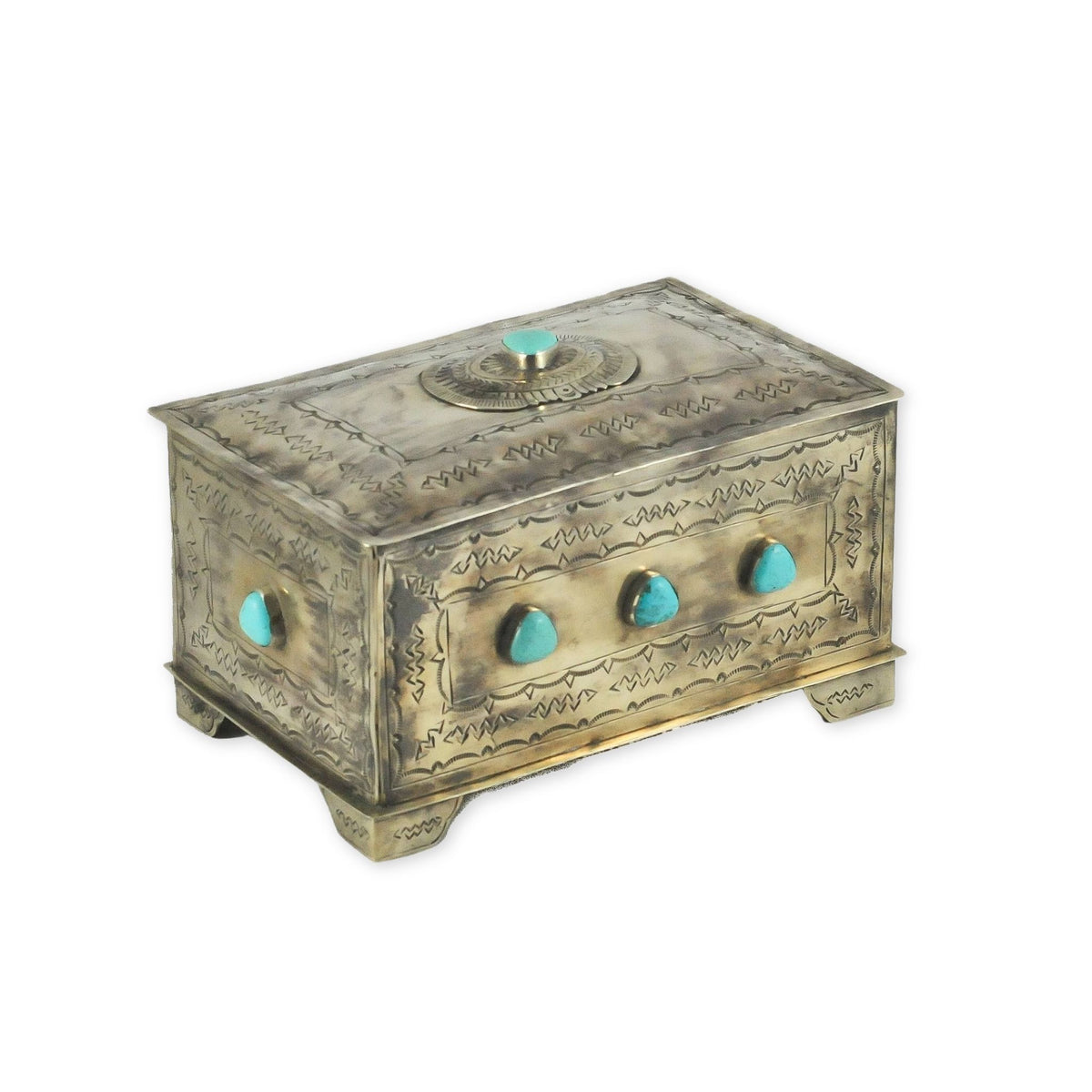 Nine Stone Box w/ Turquoise, hand-tooled nickel silver by J. Alexander Rustic Silver, M Jackson Hole, Wyoming