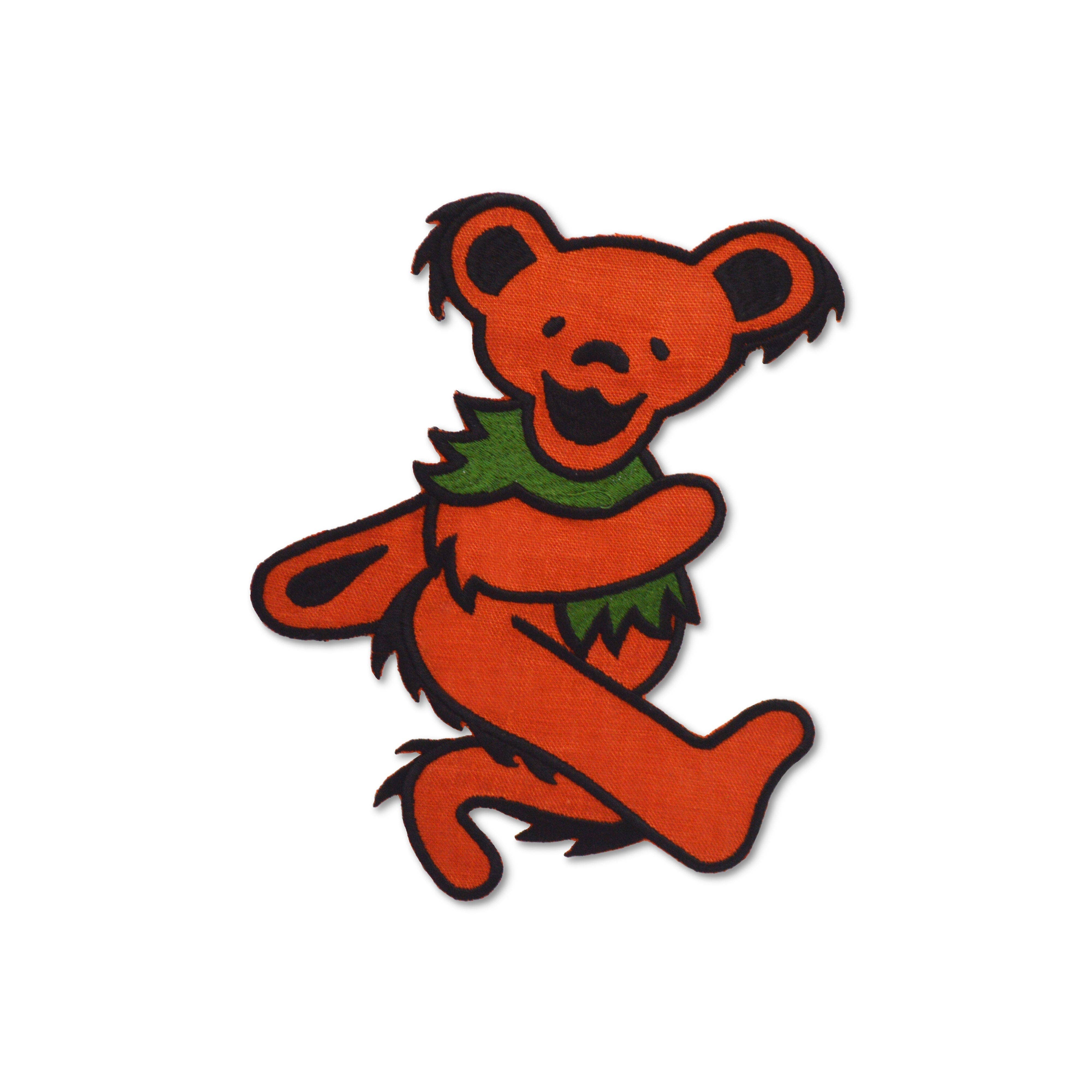 Orange bear with black accents on a white background