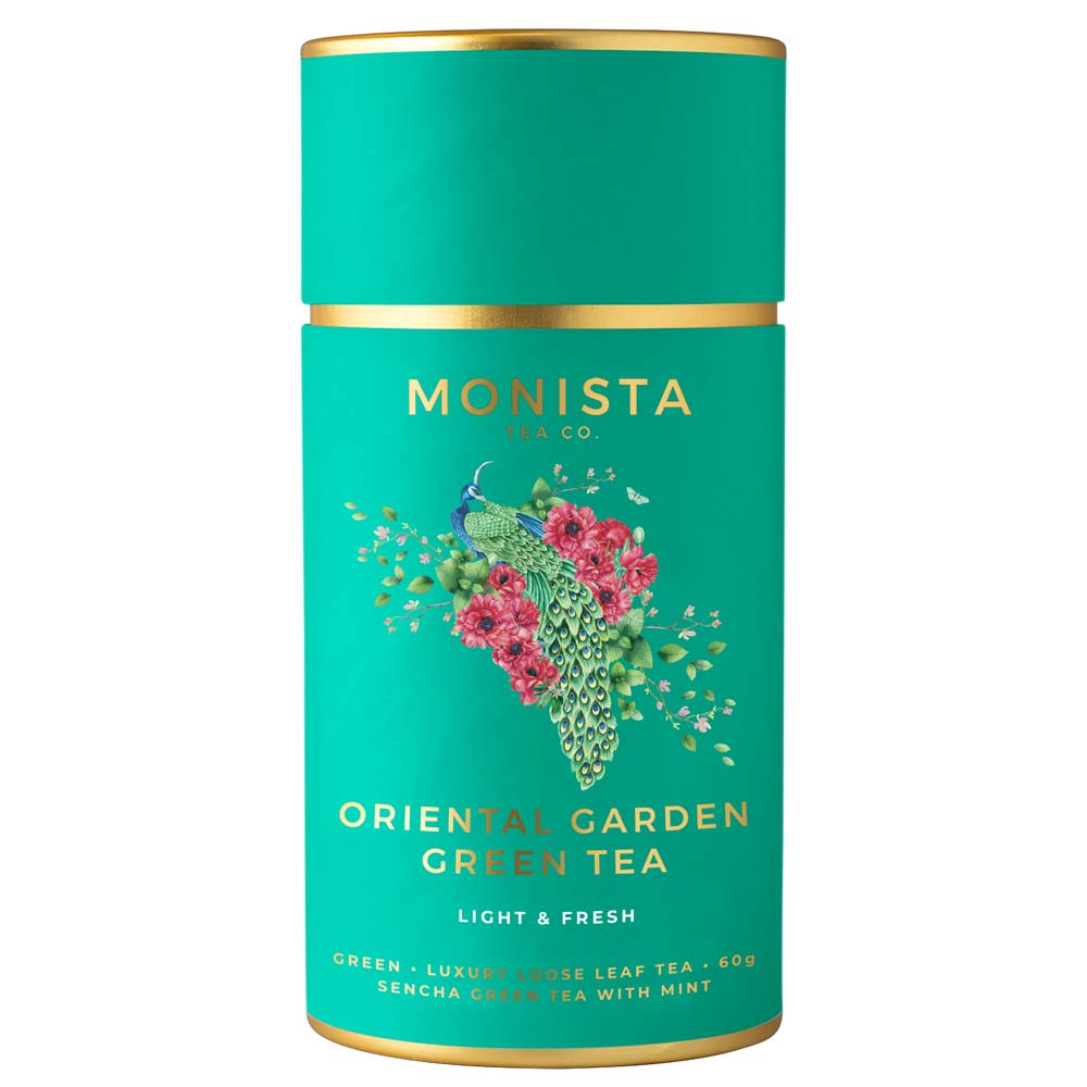 Tea canister with floral design and 'Monista Tea Co' branding on a white background