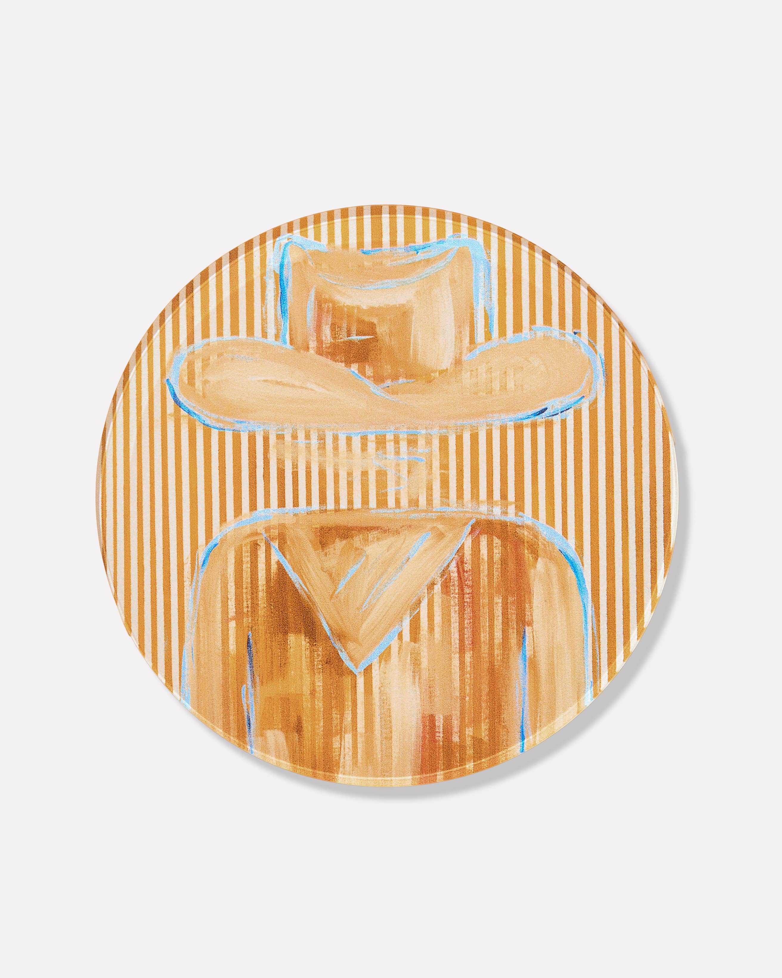 A circular art print featuring an abstract cowboy hat illustration in warm tan and orange tones with blue outlines, set against a background of vertical orange and cream stripes.