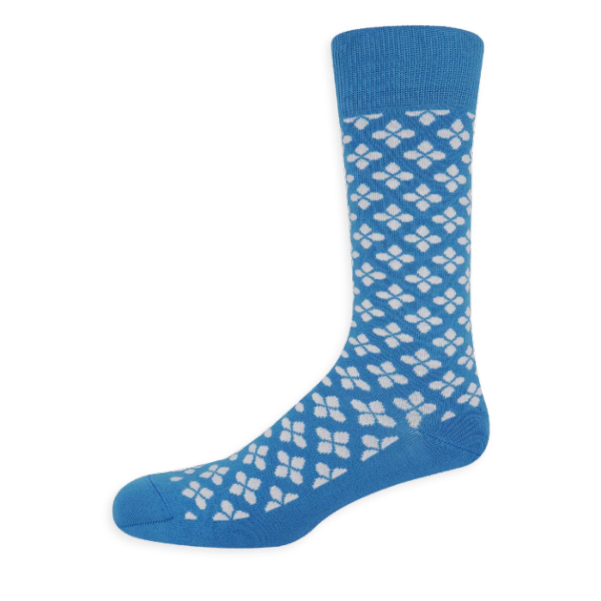 Blue sock with white pattern on a white background