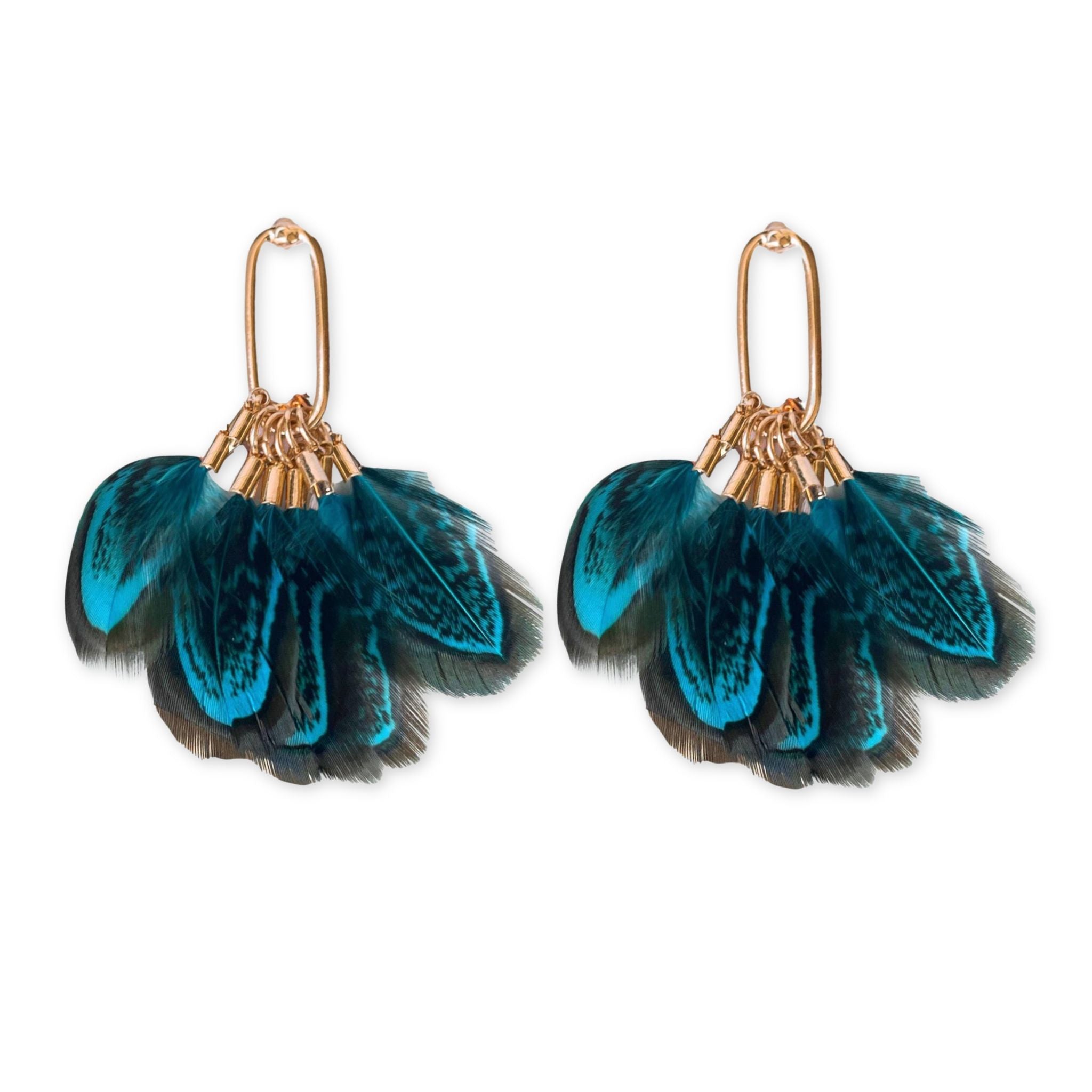 Pair of feather earrings with blue and black feathers on a white background