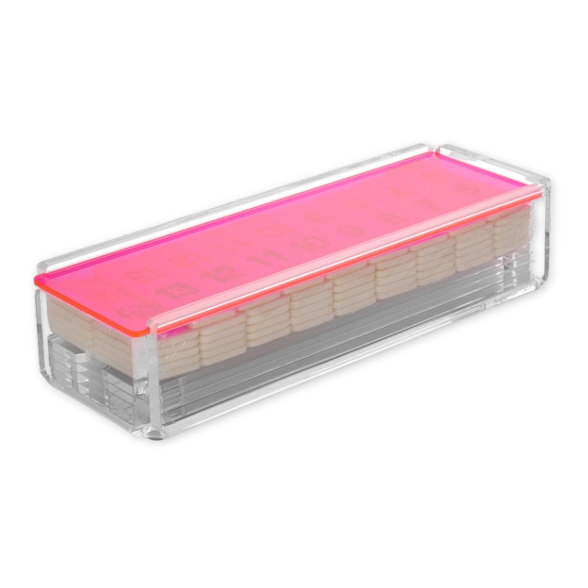 Set of number tiles with a pink storage box.