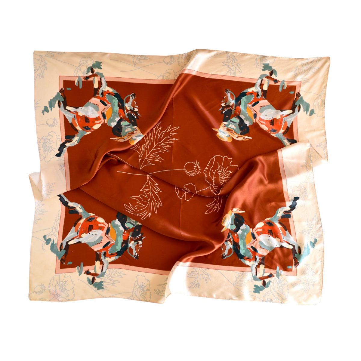 Poppy Cowgirl Wild Rag Scarf by Tirzah Lane, mulberry silk with poppies on red, a cowgirl in each corner and a cream border