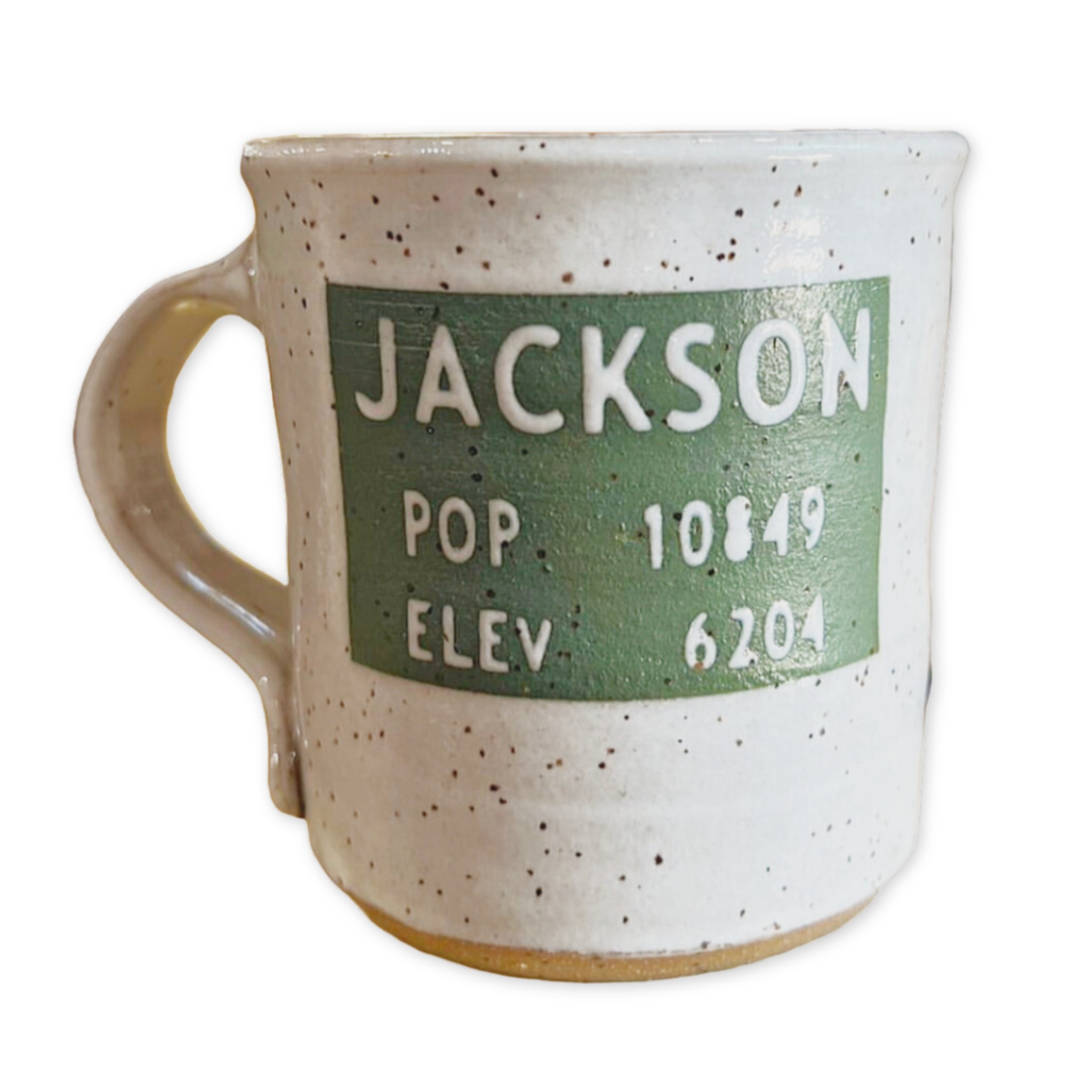 speckled ceramic mug with the population and elevation of jackson