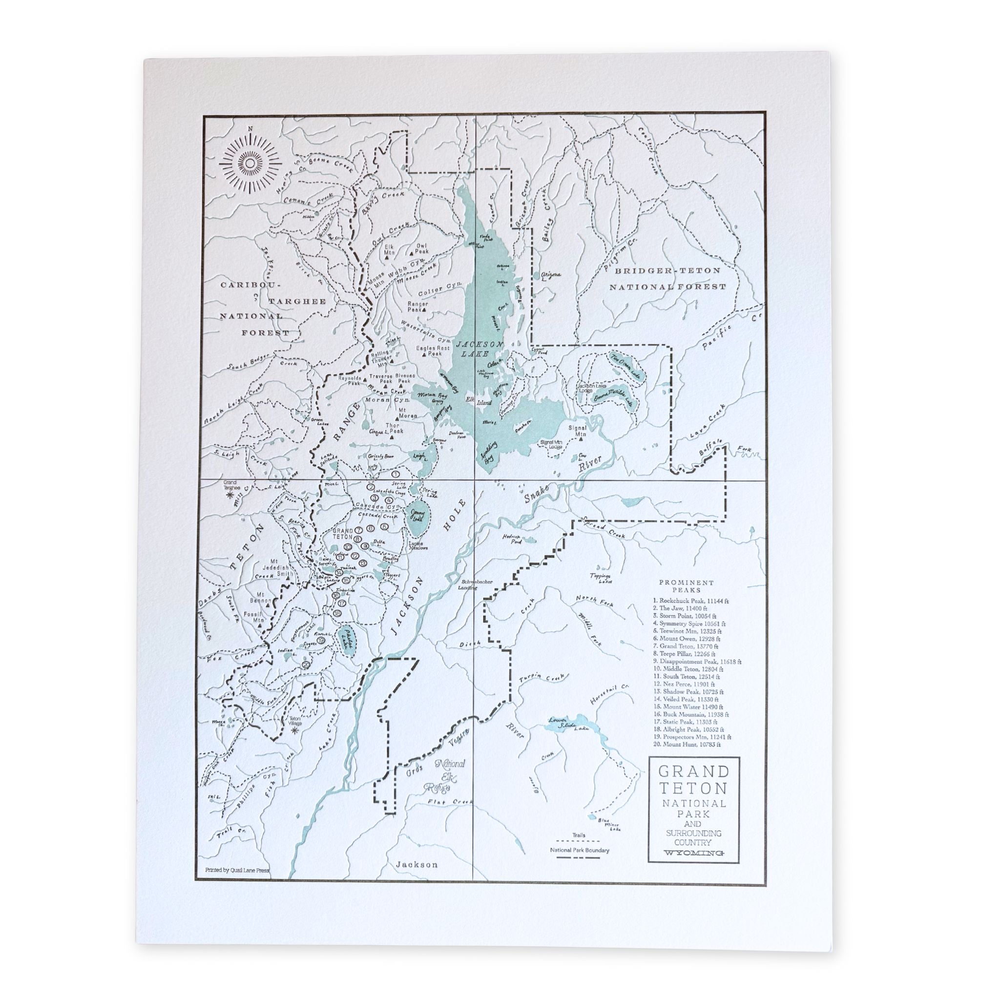 Map of Grand Teton National Park with a light blue border