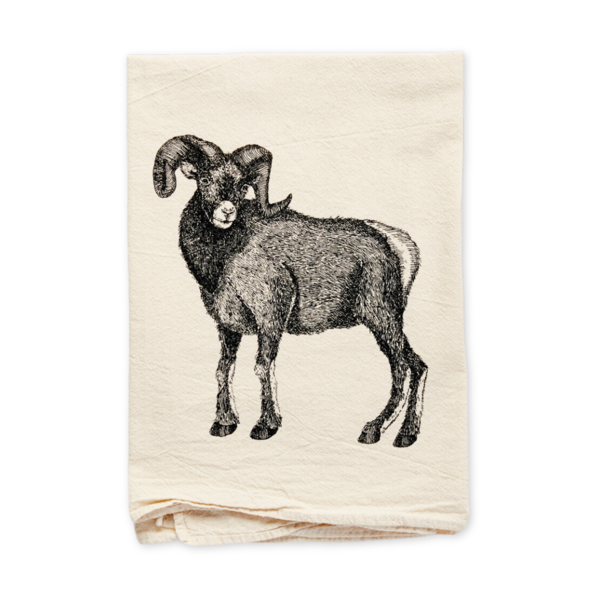 flour sack cotton tea towel featuring a screen printed big horn sheep design