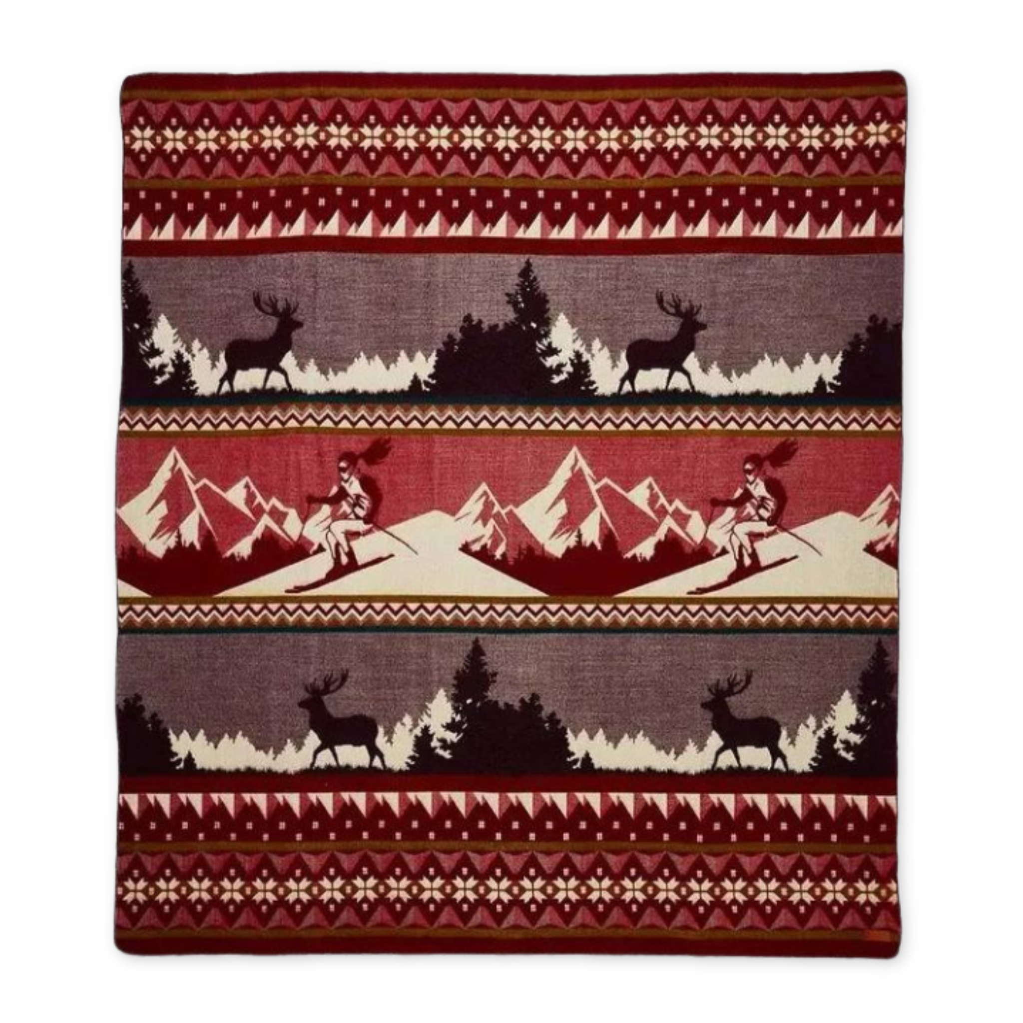 red southwestern inspired blanket featuring deer and female skiers