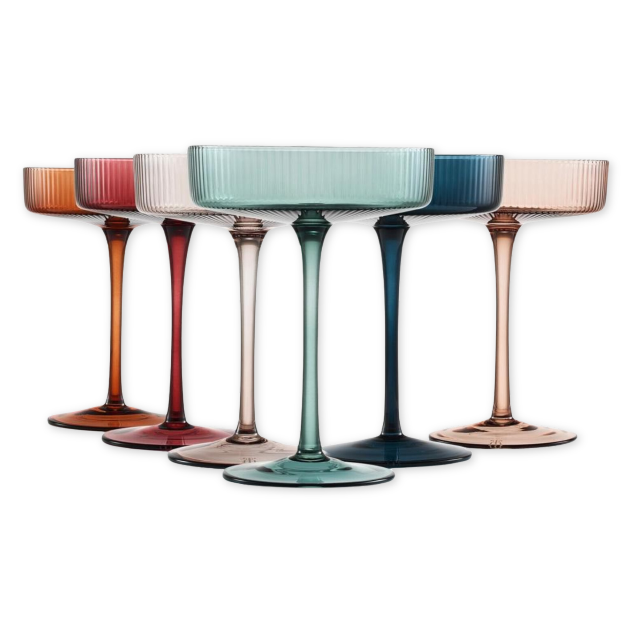 set of six coupe glasses in different colors