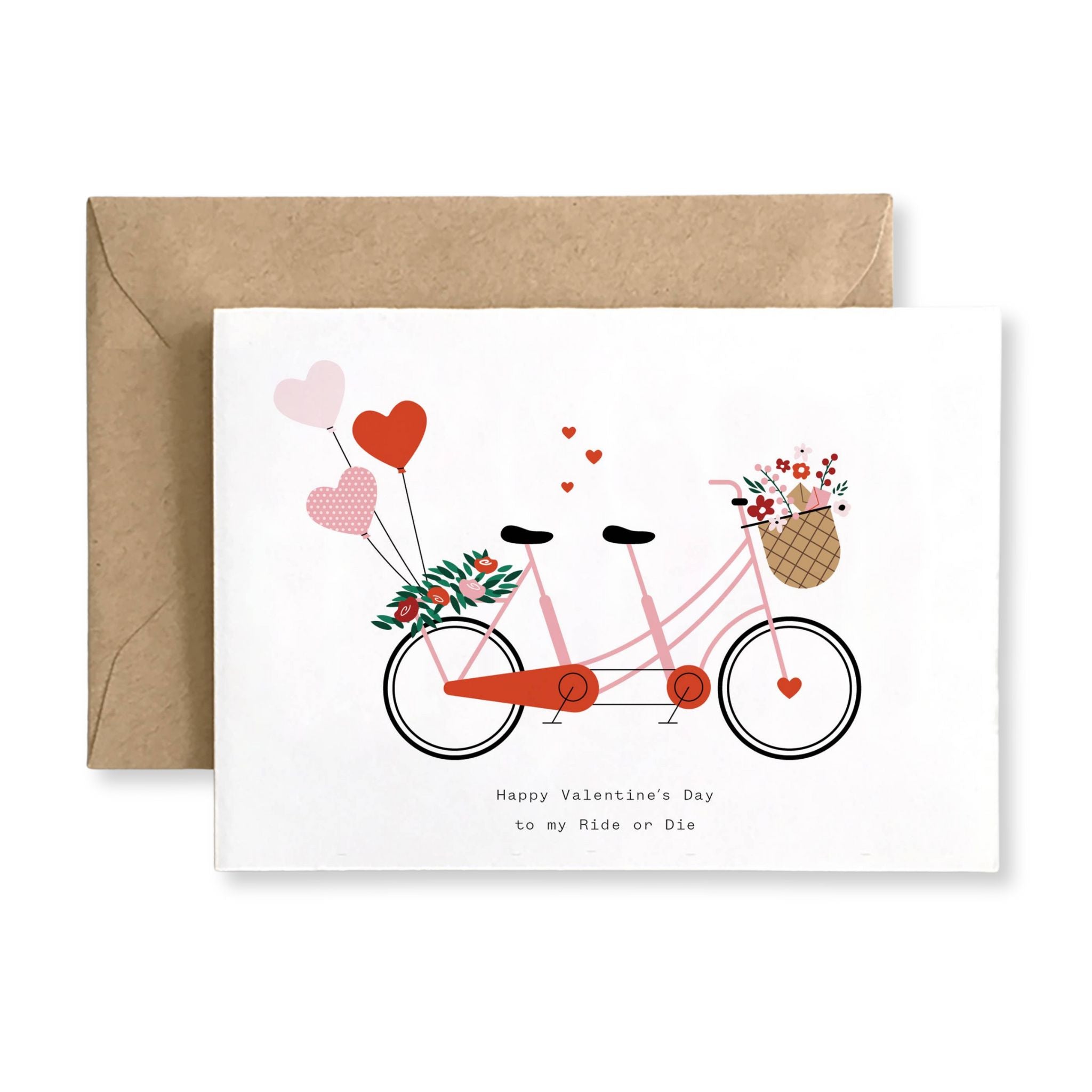 Valentine's Day card with a bicycle and heart balloons, featuring a brown envelope. Happy Valentine's Day to my Ride or Die written in text.