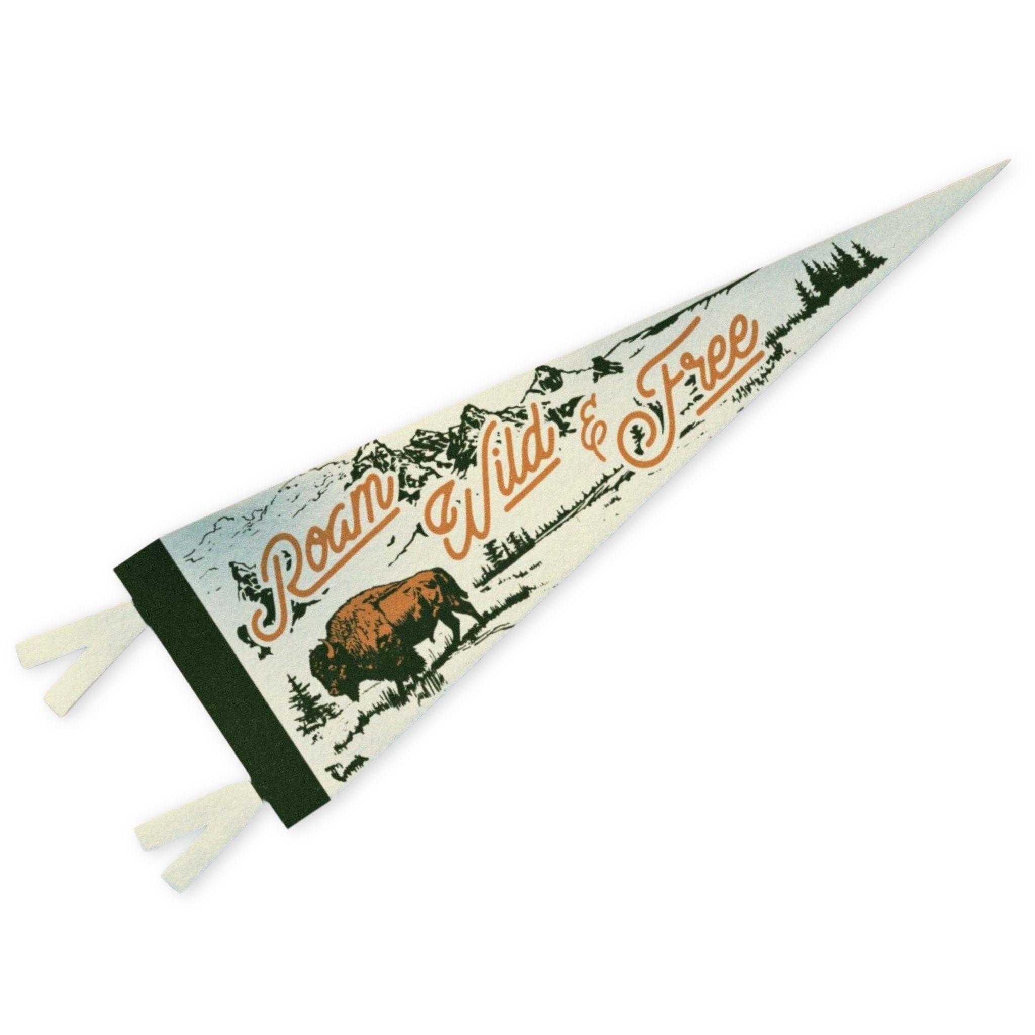 Felt pennant with 'Roam Wild & Free' text and bison illustration on a white background