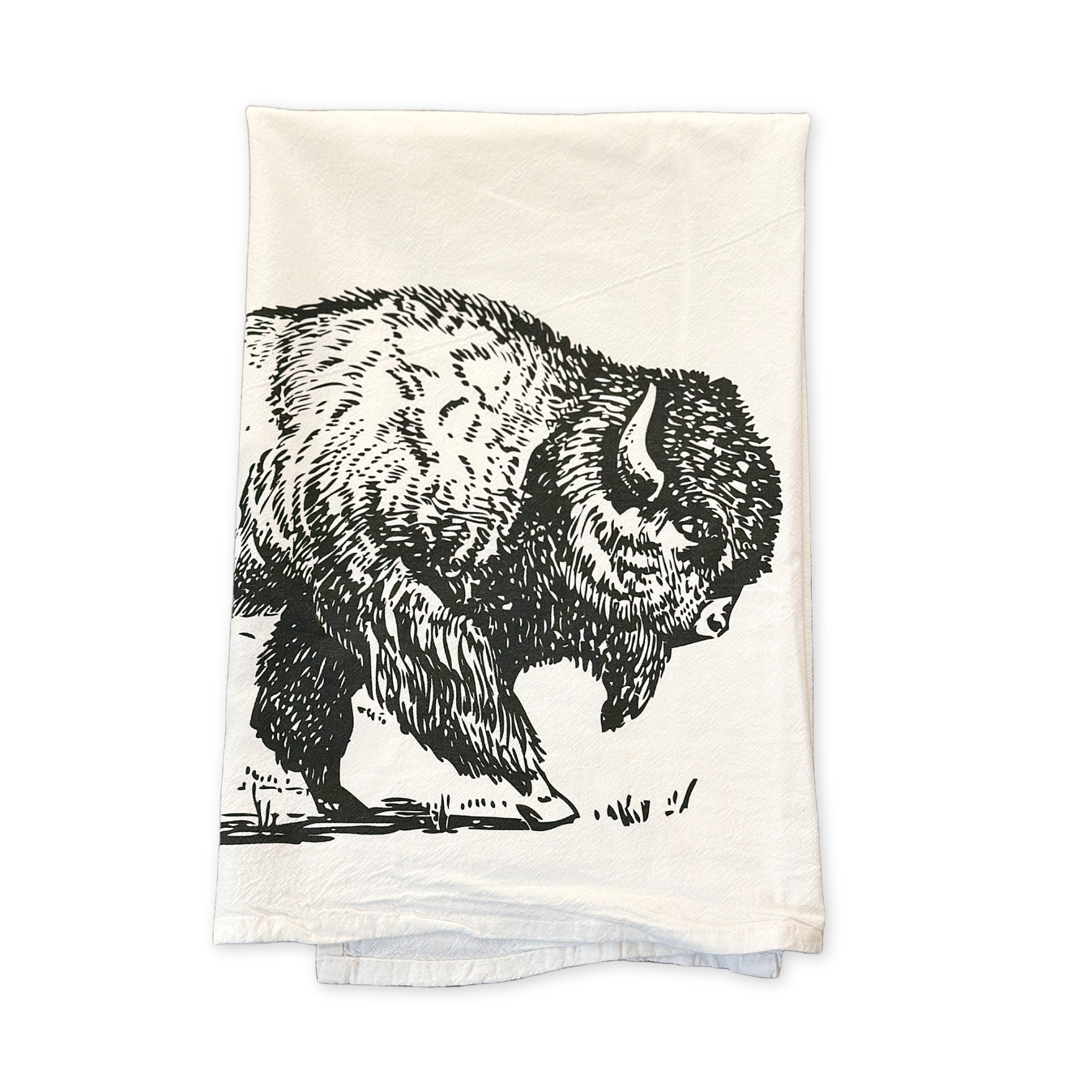 flour sack cotton tea towel featuring a screen printed buffalo design