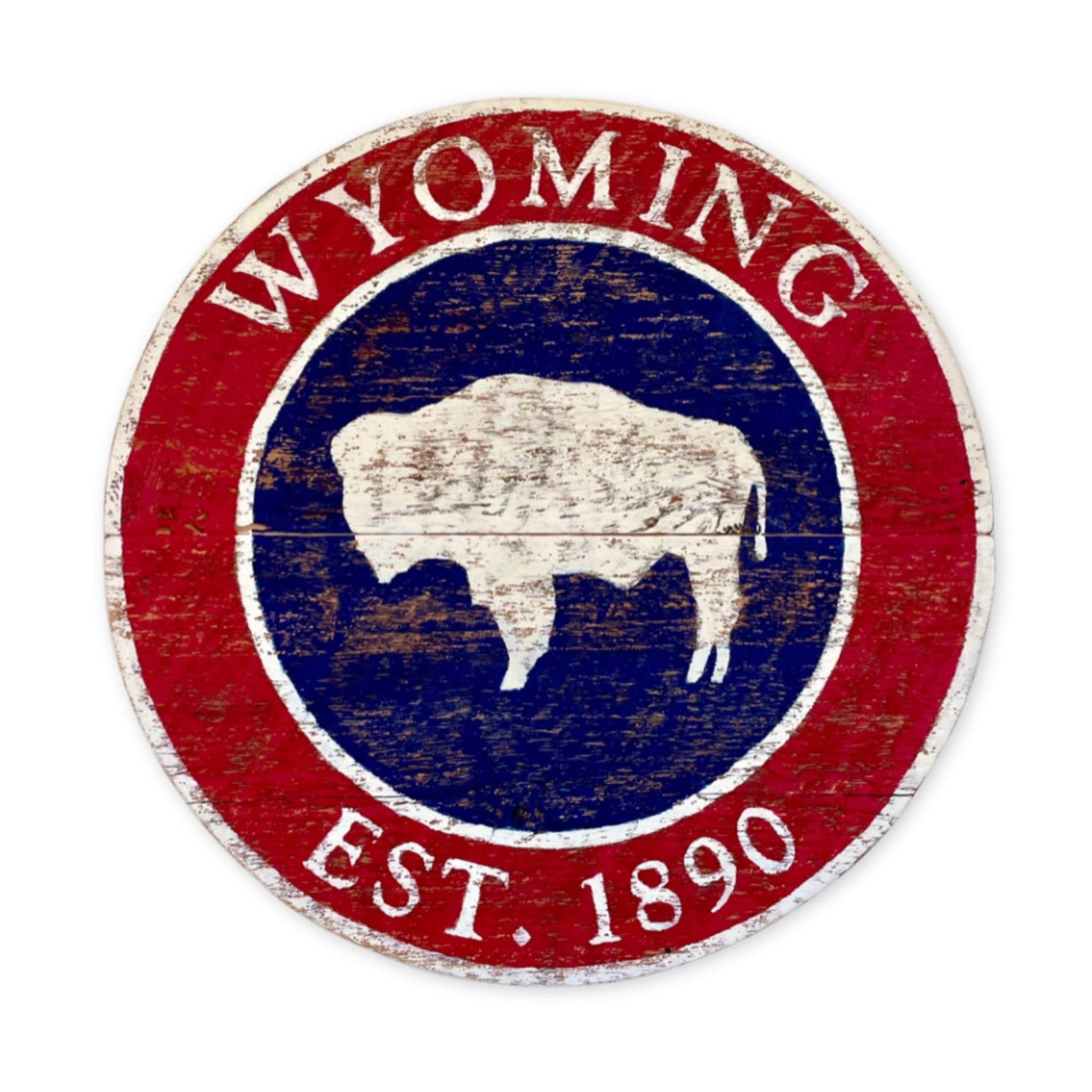 round wooden vintage inspired sign emulating the wyoming flag