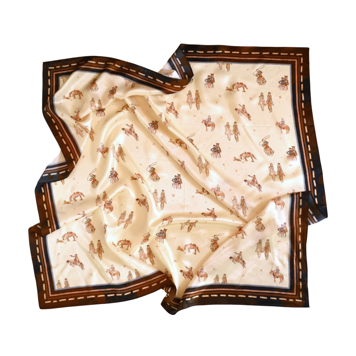 Saddle Club Wild Rag Scarf by Tirzah Lane, a silk scarf featuring cowgirls riding with friends and their horses