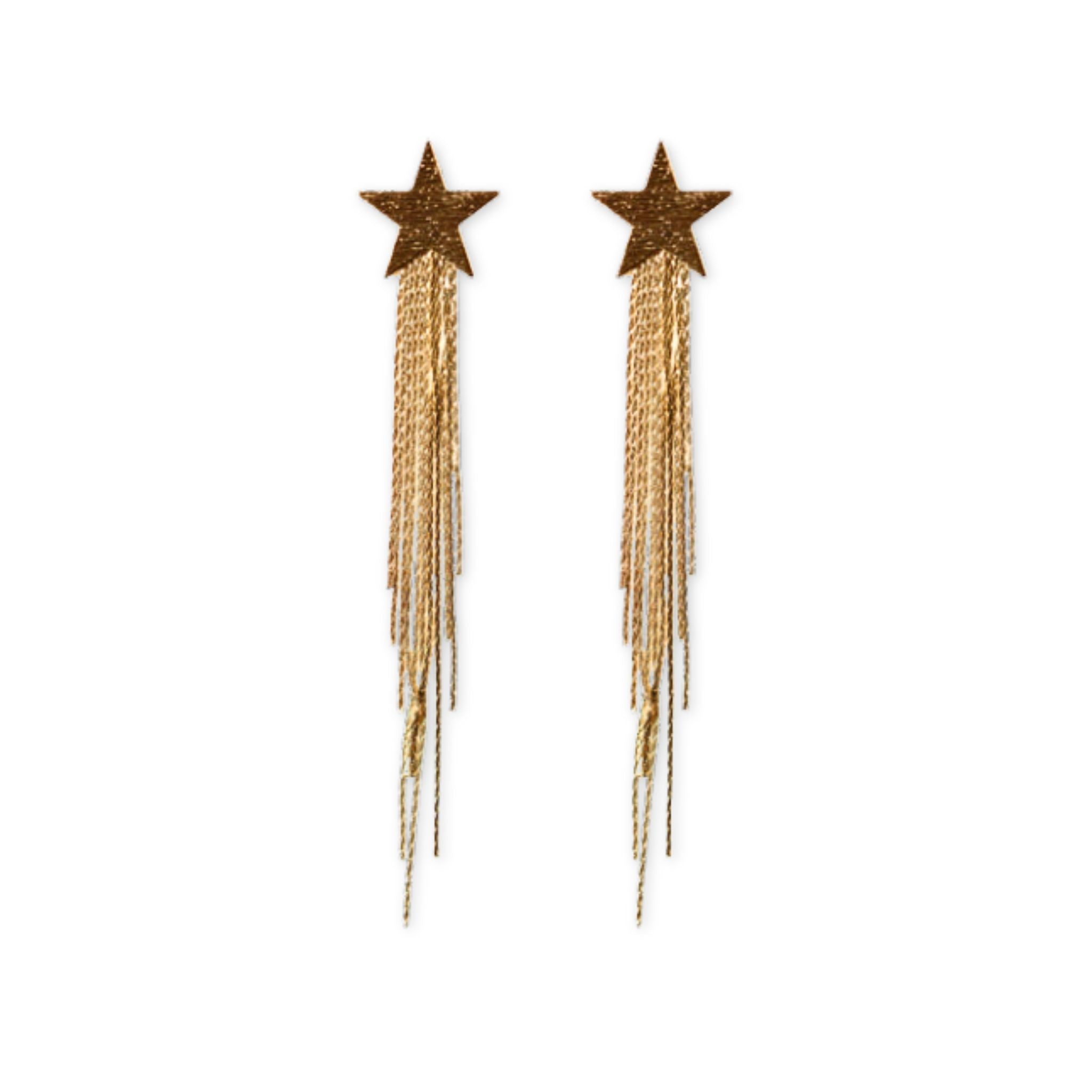 Star-shaped earrings with tassels on a white background