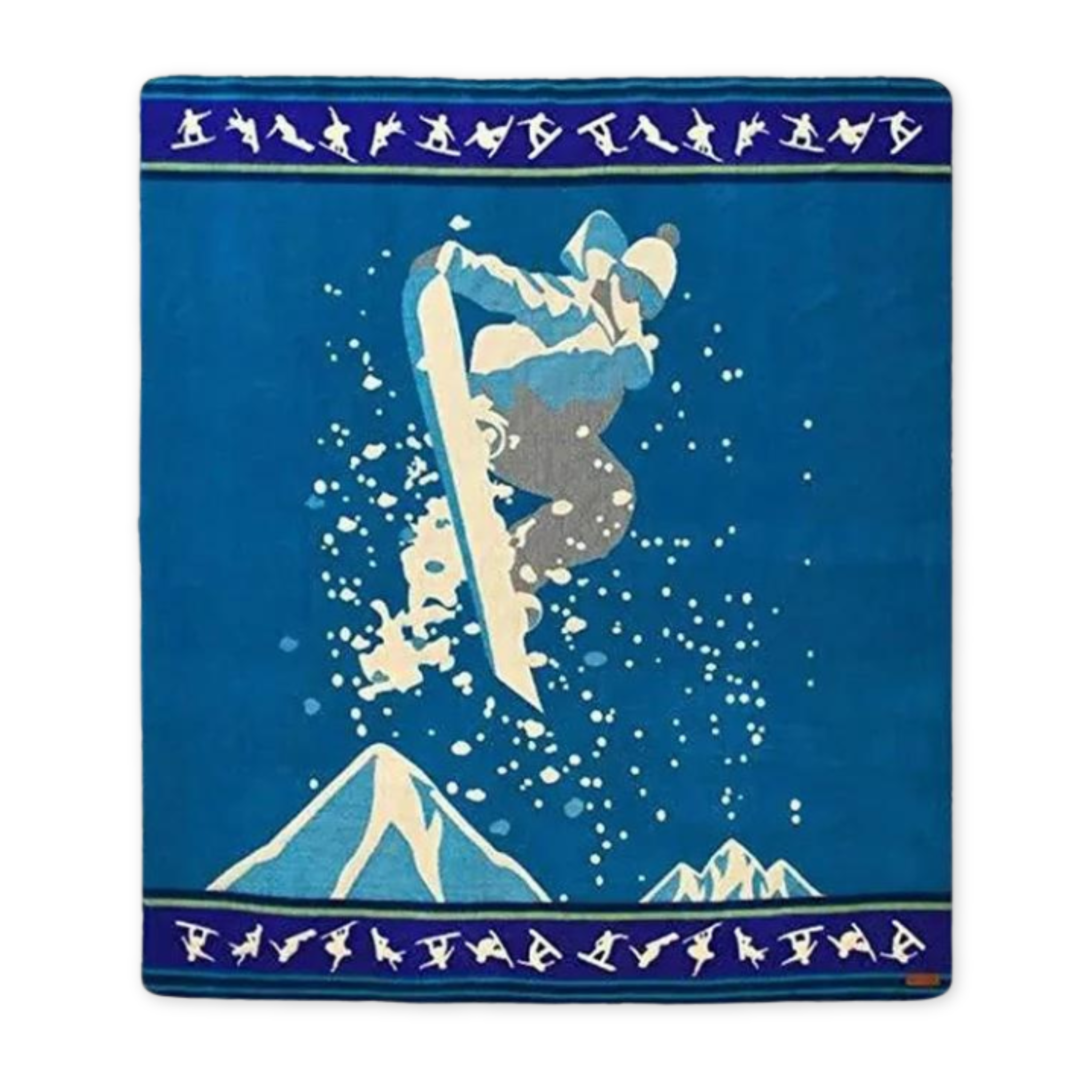 throw blanket with southwestern inspired design and an image of a snowboarder