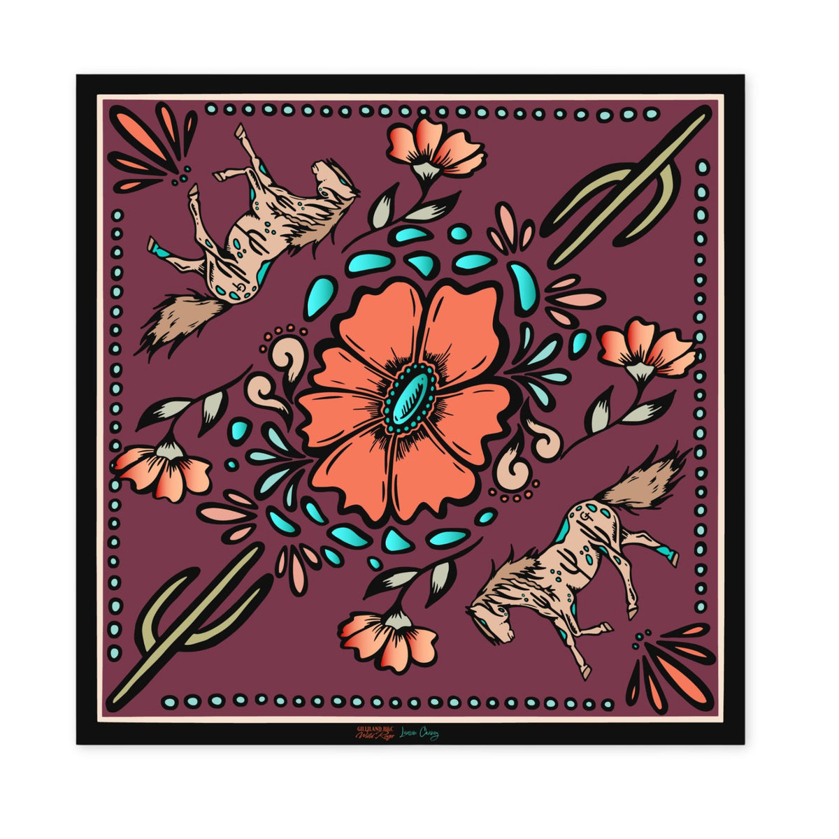 Silk Desert Mustang Horse Scarf from GHC Ranch Co, a western silk scarf with a mustang design in vibrant colors