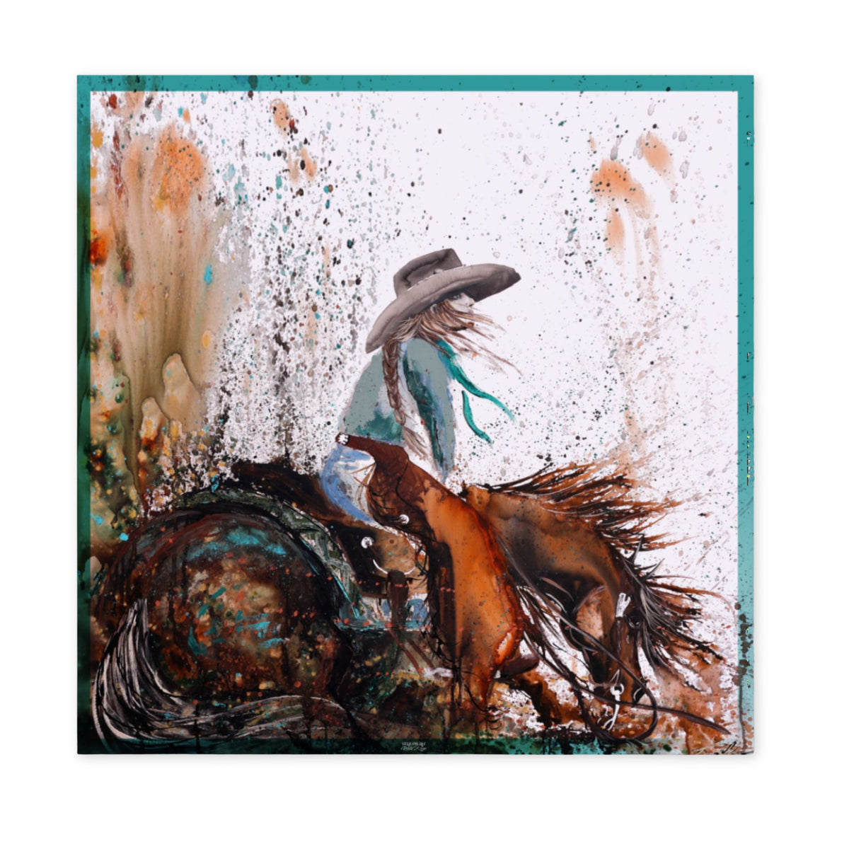 Silk Moody Cutting Horse Scarf from GHC Ranch Co, showing a horse and rider in motion in fluid lines and vivid color