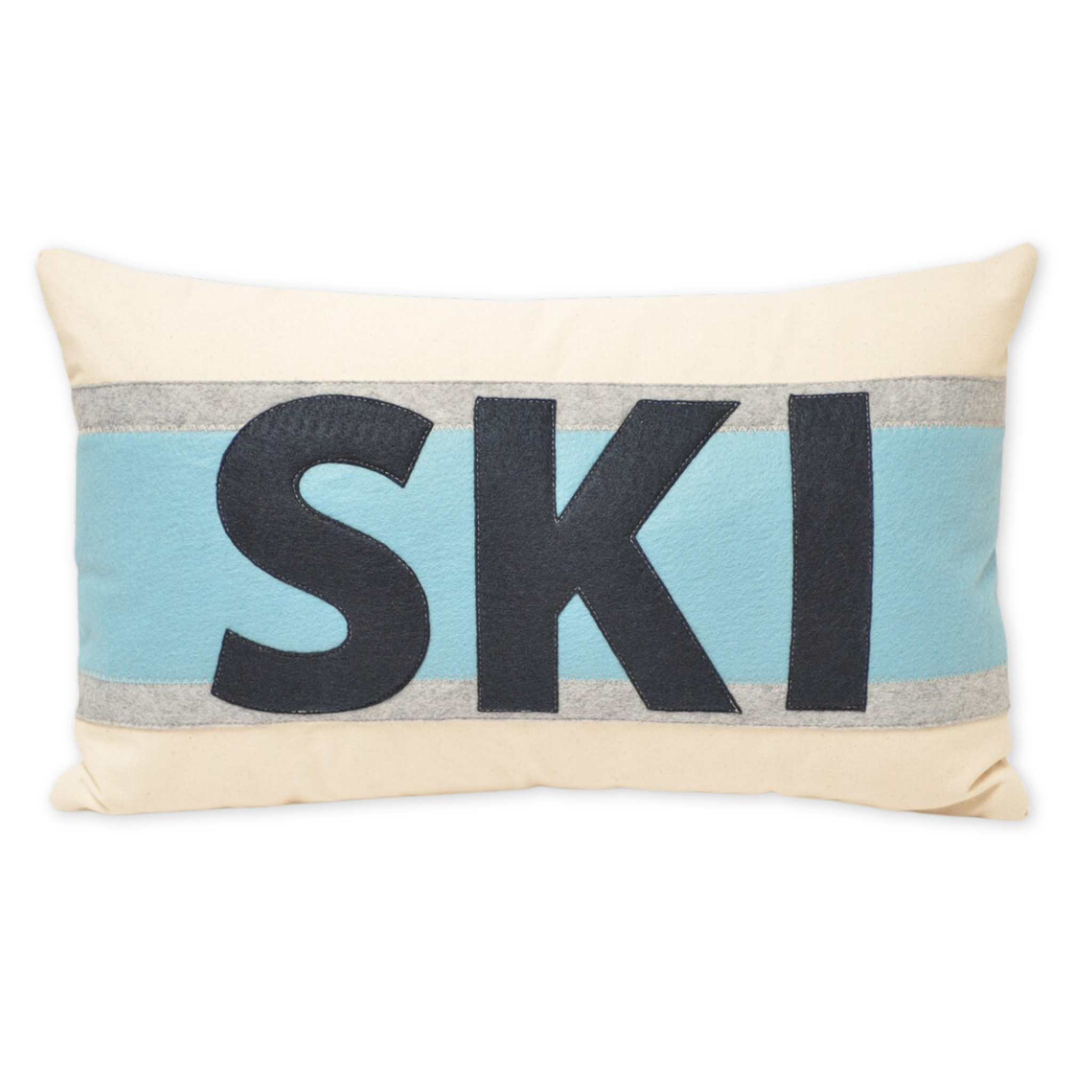 cotton canvas lumber pillow with stripes and the word ski