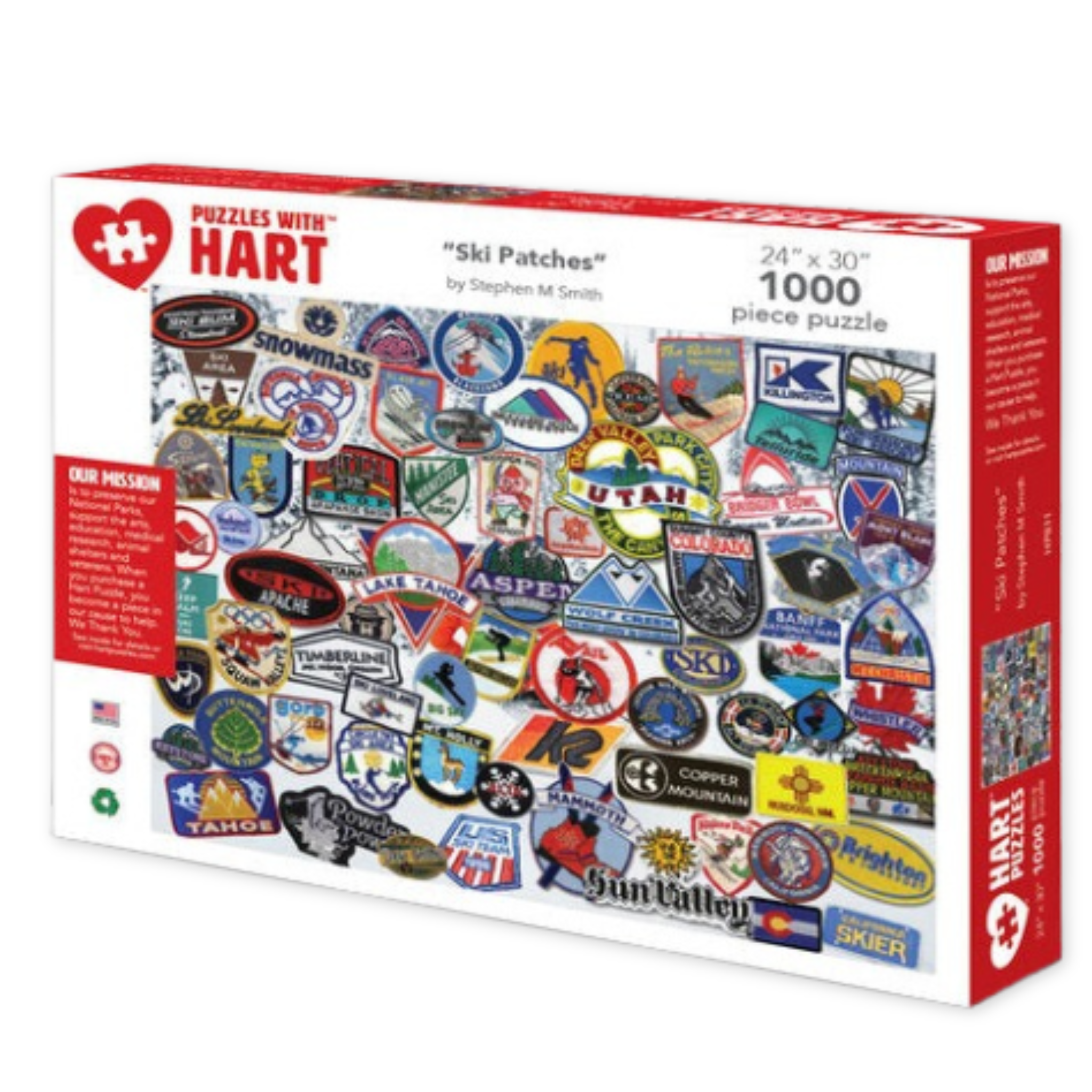 one thousand piece puzzle featuring a design with multiple patches from different ski resorts