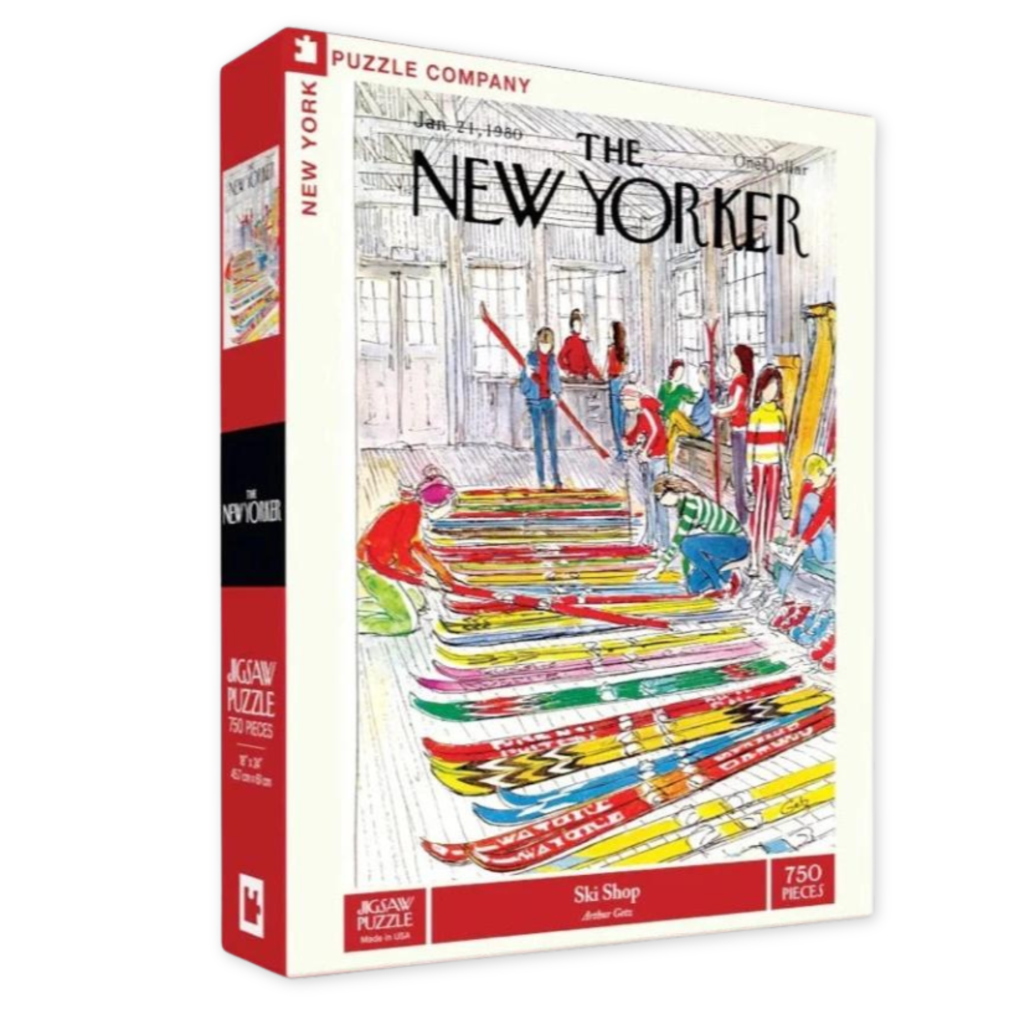 seven hundred fifty piece puzzle with an image from the new yorker magazine illustrating a ski shop