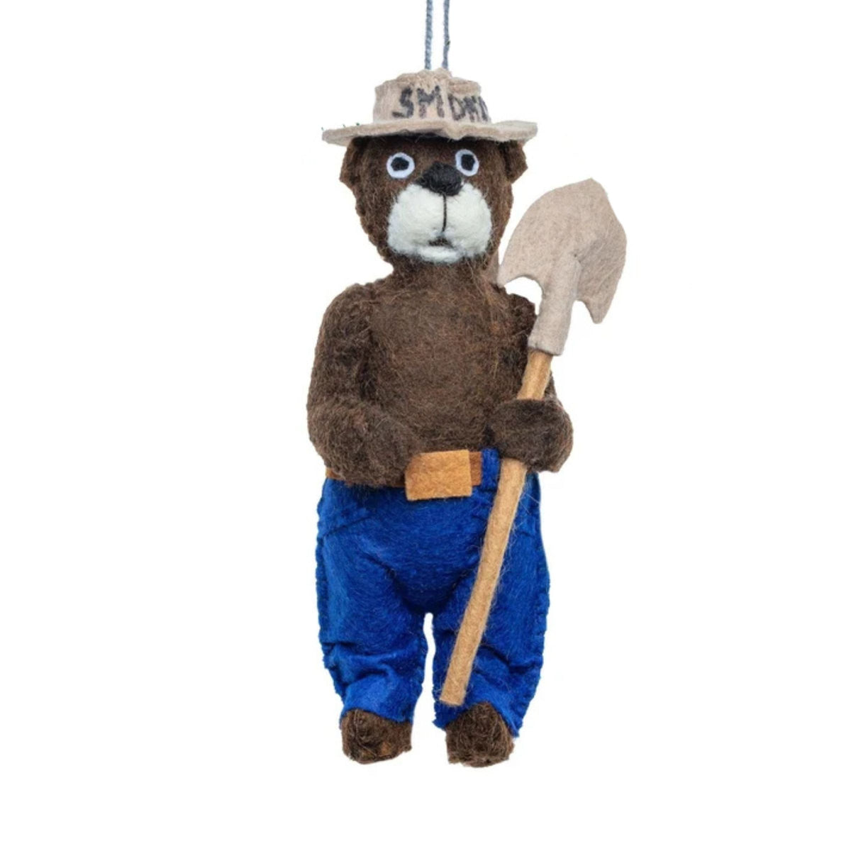 A felted wool ornament of a park ranger character wearing a tan hat with 'SMOKE' written on it, blue pants, and holding a shovel, shown against a plain white background.
