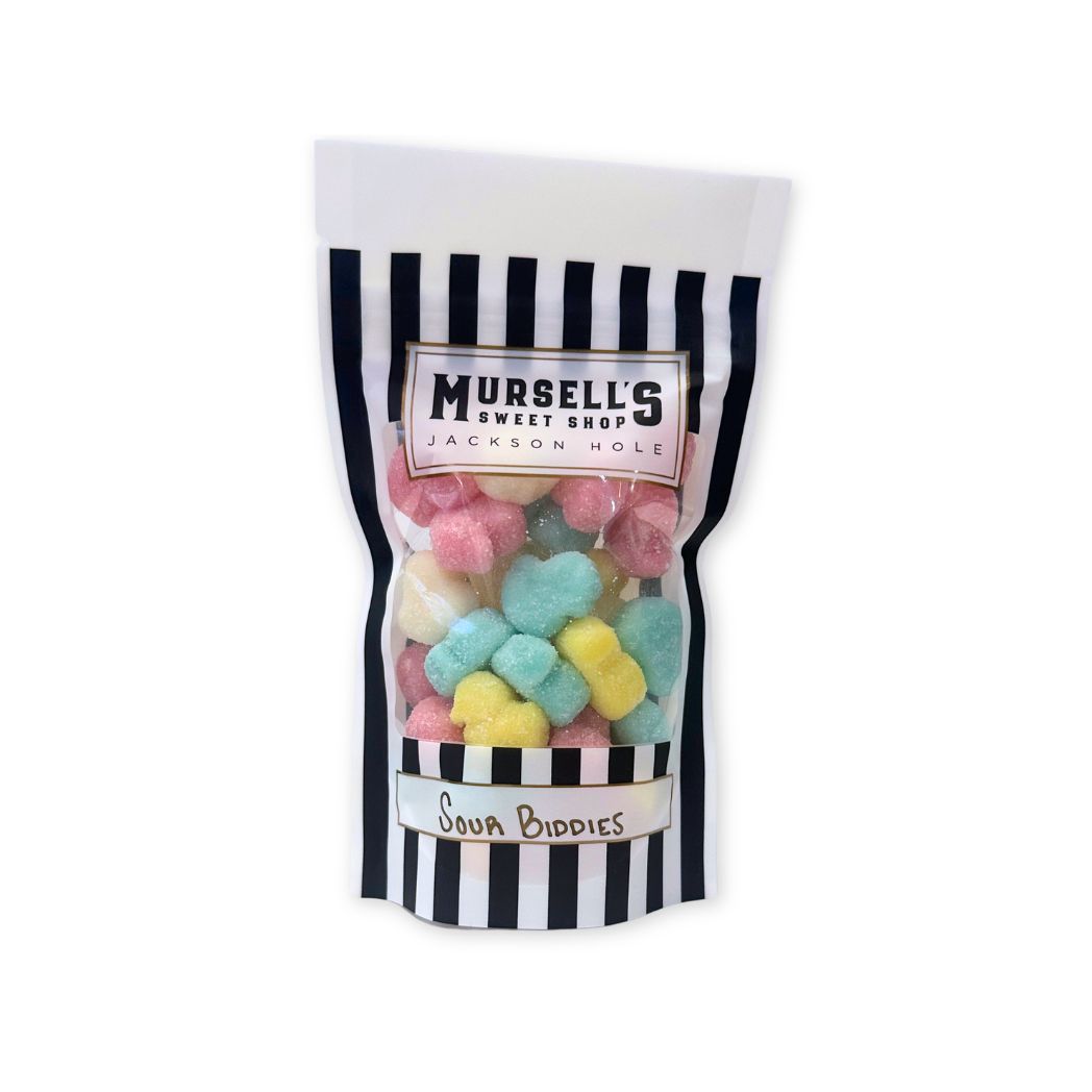 A small bag of Mursell's Sweet Shop, Sour Biddies a sour gummi chick. 
