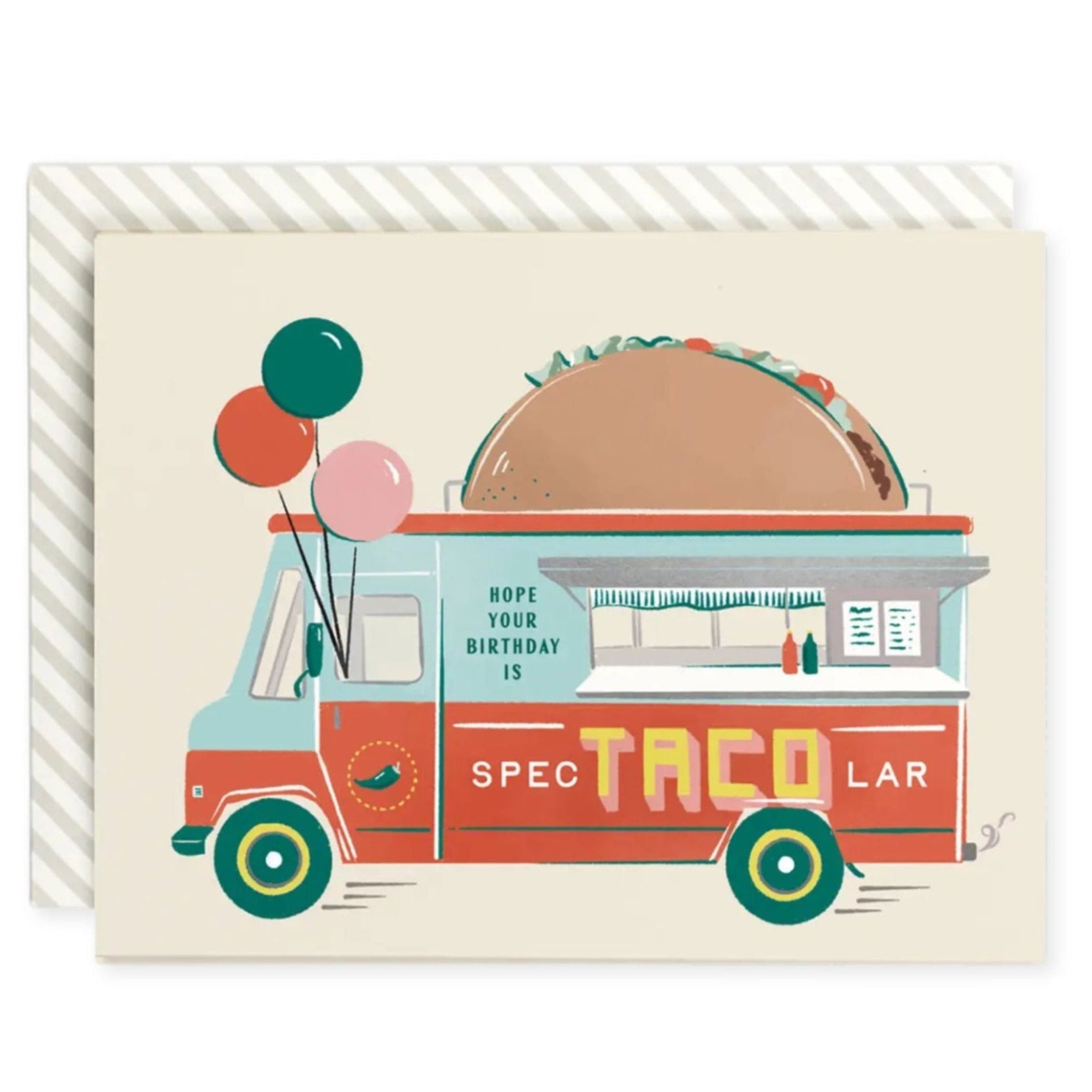 Illustration of a taco truck with balloons on a beige background