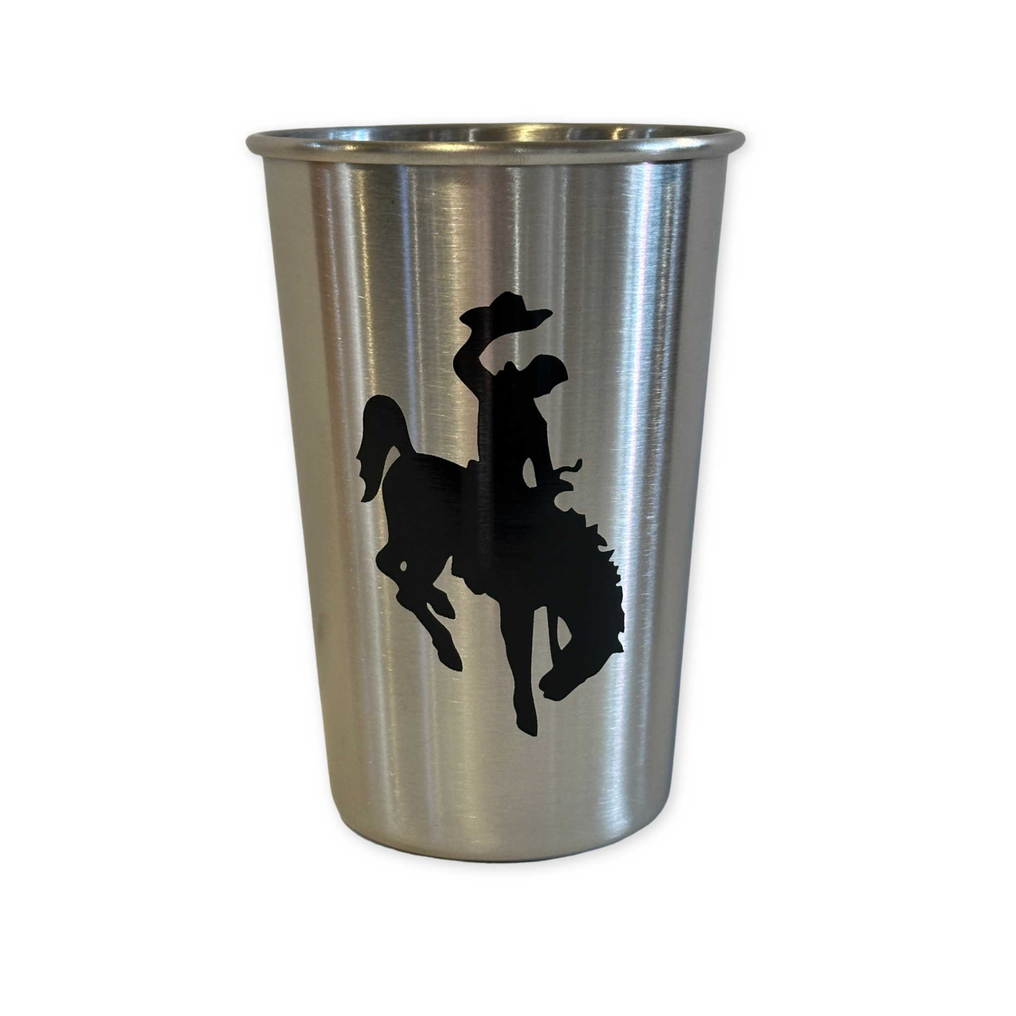 stainless steel pint cup with wyoming bucking bronco design