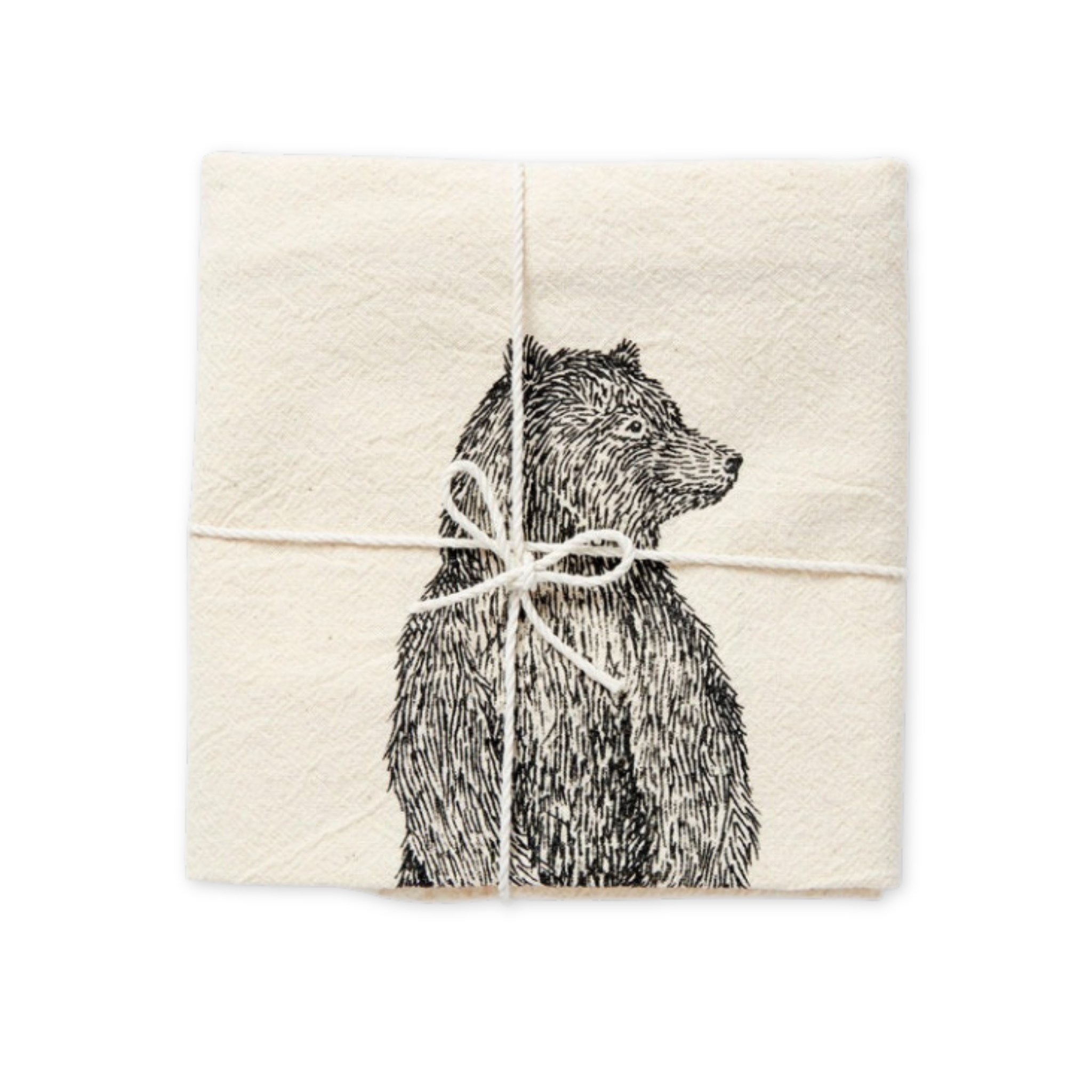 flour sack cotton tea towel featuring a screen printed bear design