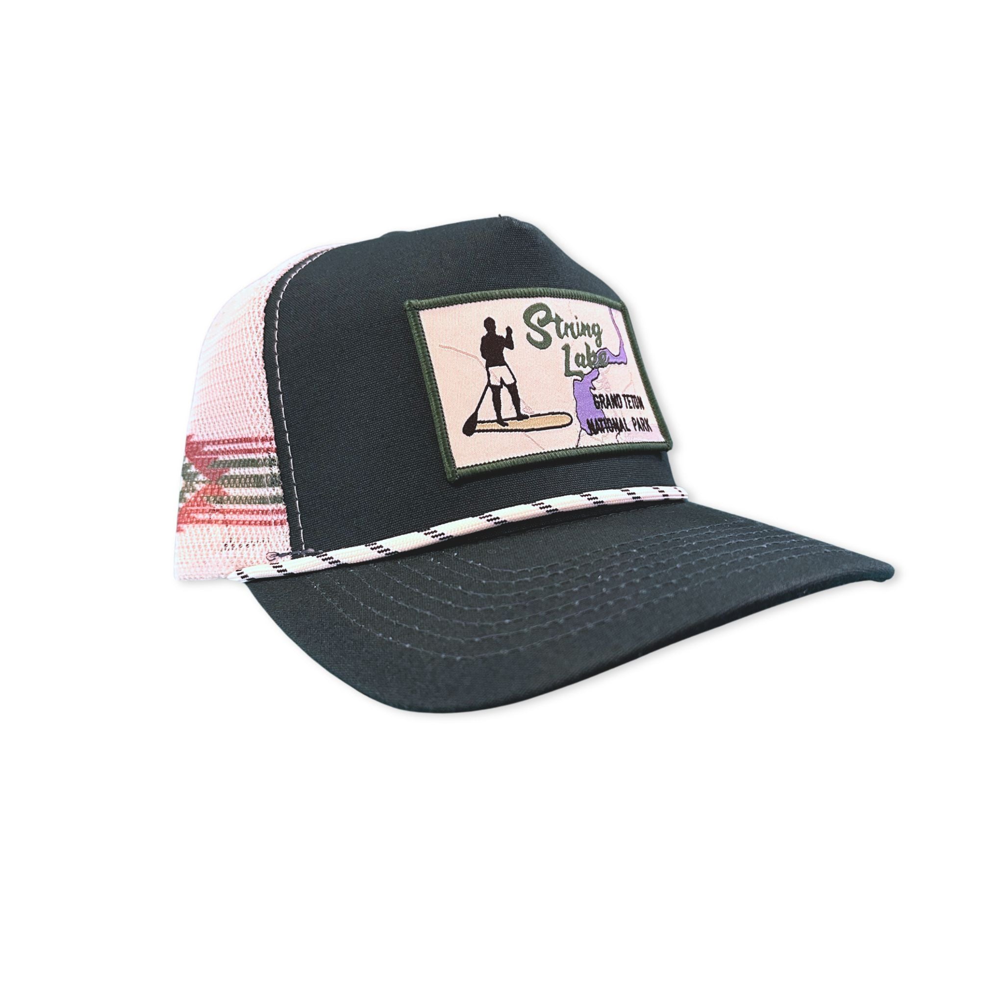 Green Trucker hat with a designed back and string lake patch featured on the front. 