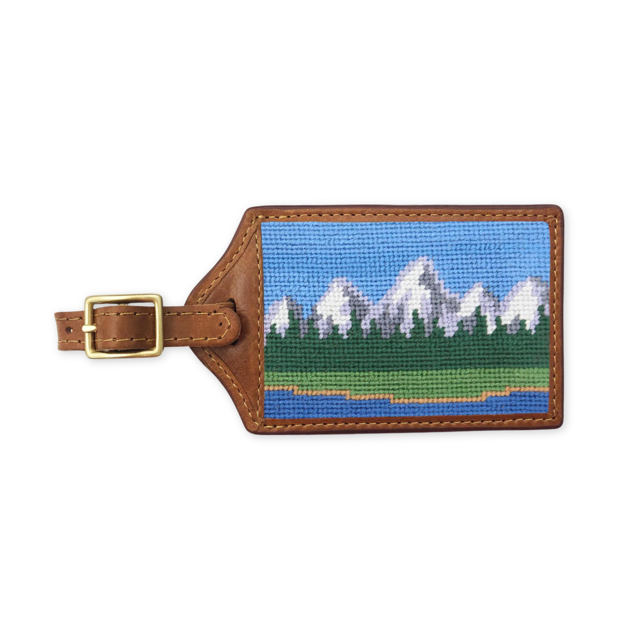 hand stitched needlepoint luggage tag with a teton mountain range design