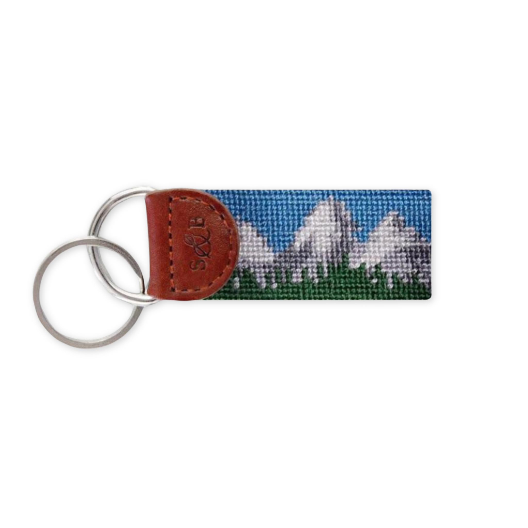 hand stitched needlepoint key fob with teton mountain range design