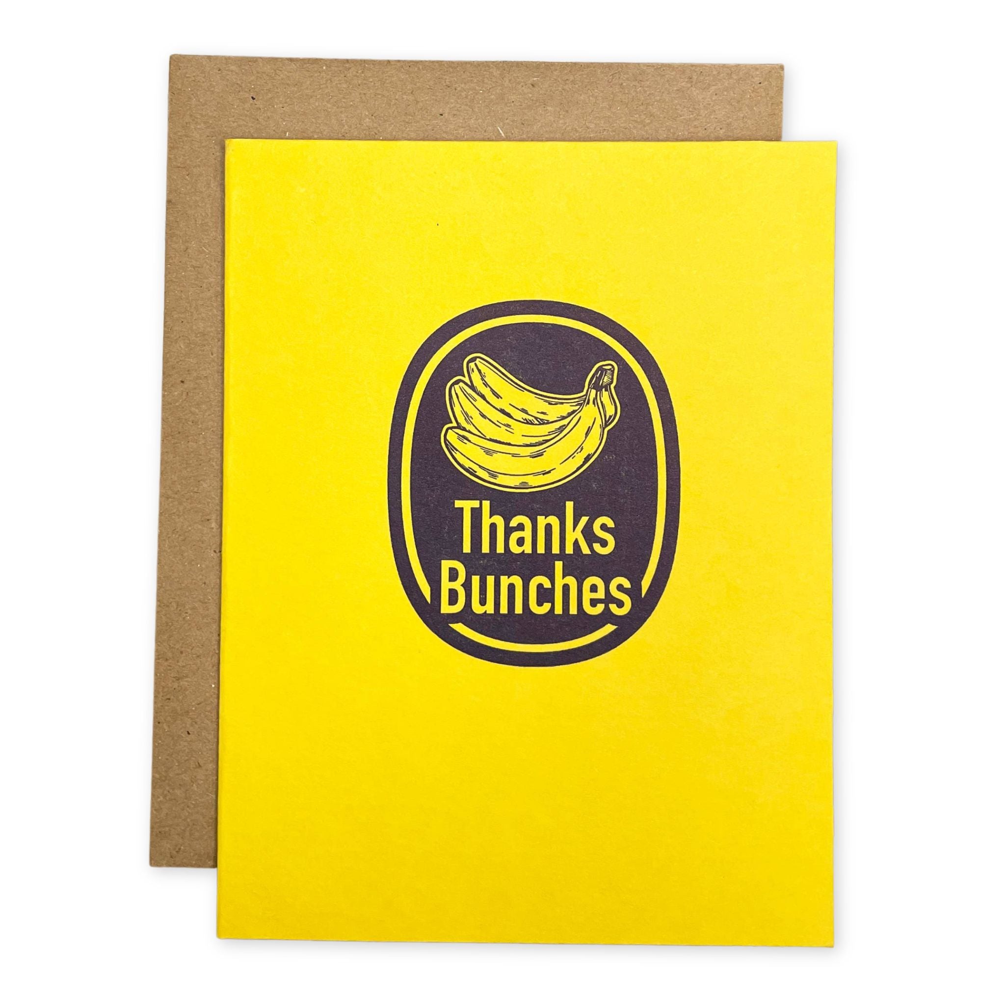 Yellow card with 'Thanks Bunches' text and banana illustration on a white background