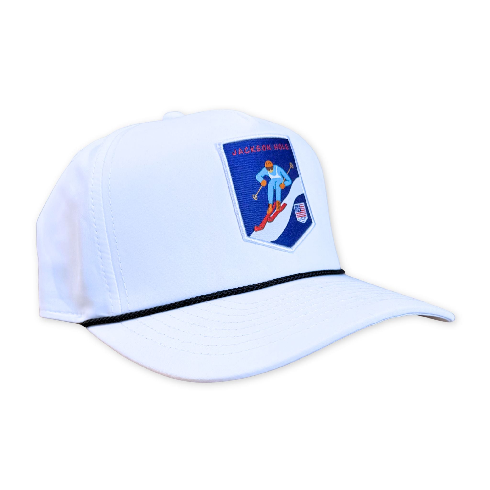 White cap with a logo featuring a skier on a blue background