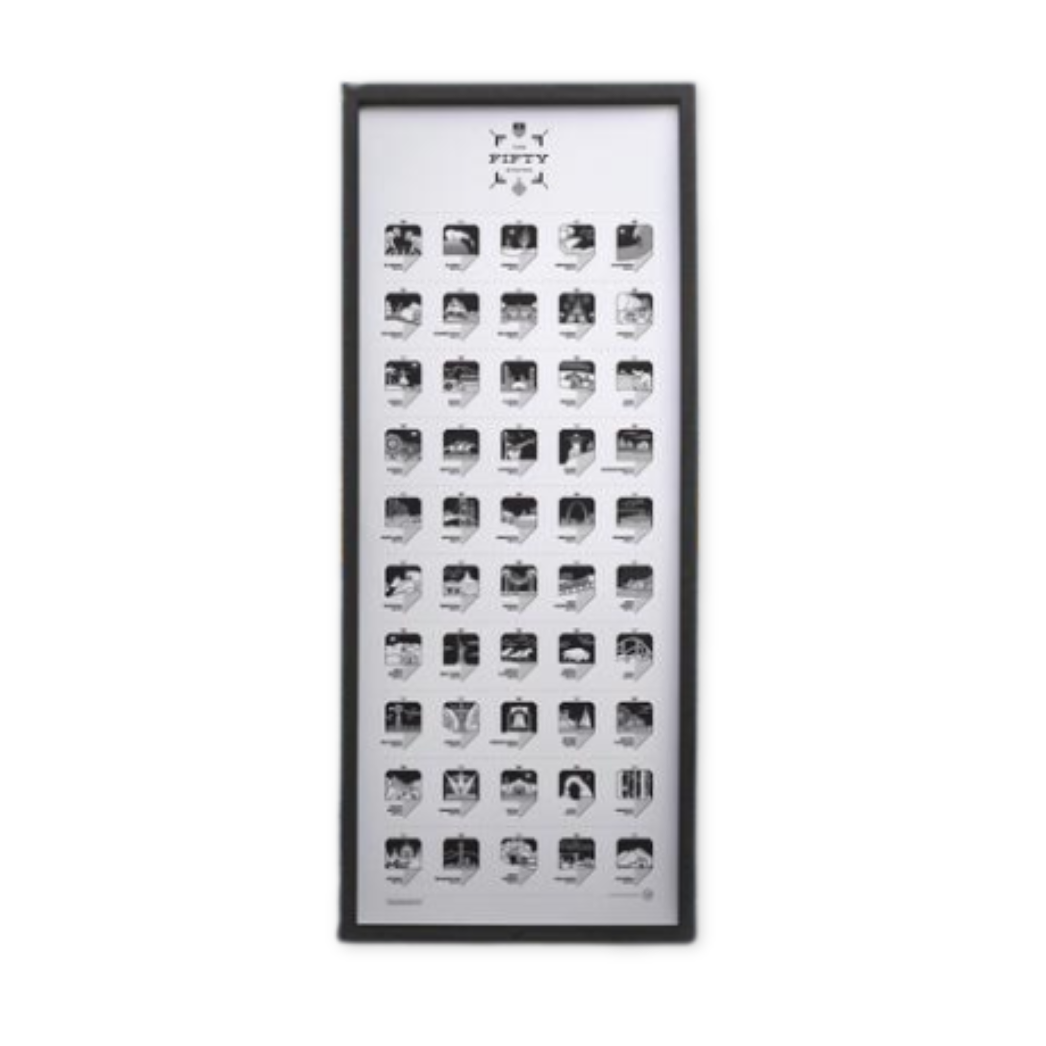 black and white print with a small photo representing each of the 50 states 