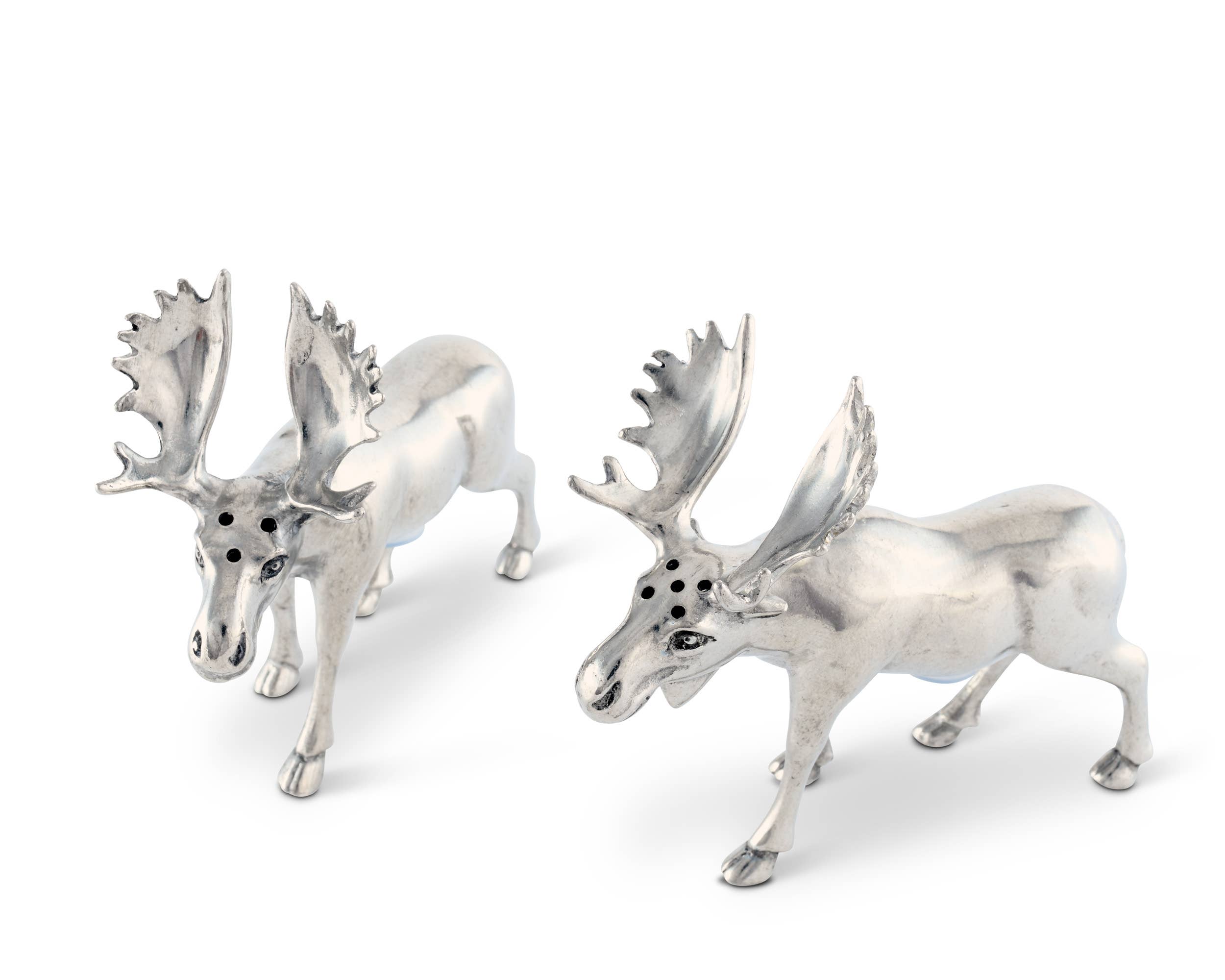 Pair of silver moose-shaped cufflinks on a white background