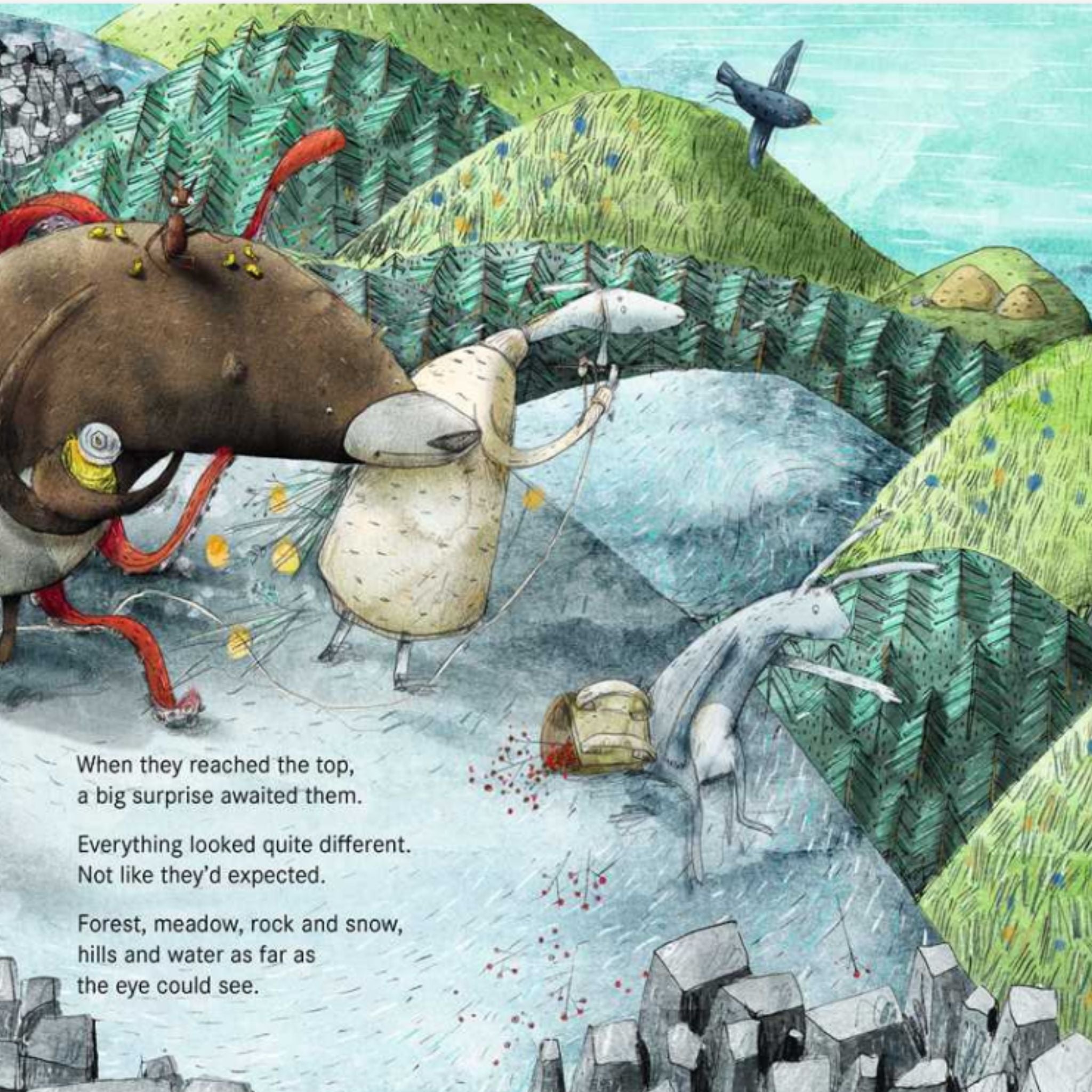 Illustrated scene with animals on a mountain, text at the bottom