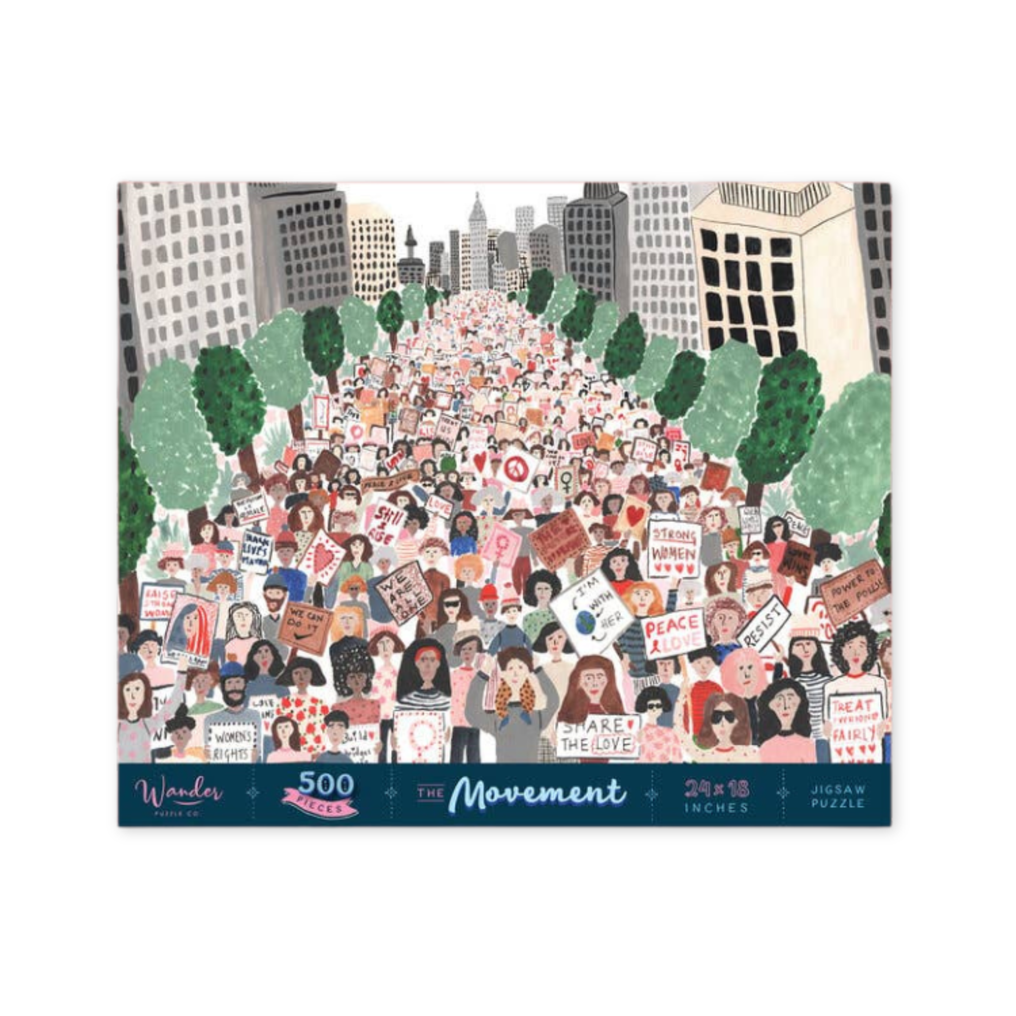 five hundred piece puzzle featuring an illustration of a peaceful protest in new york city