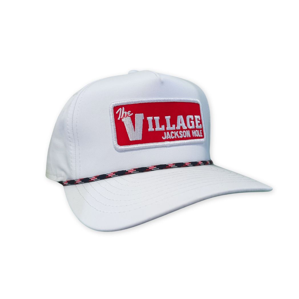 White Rope hat that includes a Red and White patch that says "The Village Jackson Hole" 